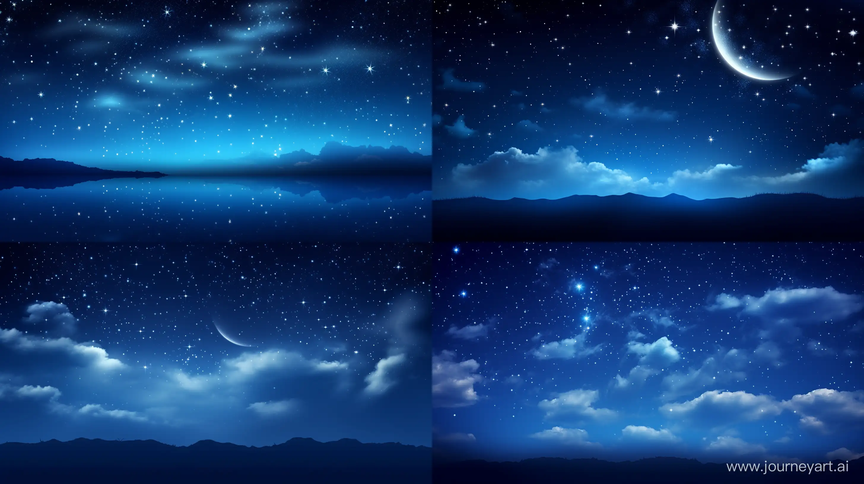 The navy blue sky enveloped the world like a mysterious veil. In the distance, the crescent-shaped moon, shining within the black canvas, only became discernible with a gentle glow. The deep tones of navy highlighted the twinkle of stars in the sky, while the crescent moon's elegant silhouette shimmered like a pearl on the distant horizon. This scene was a tableau reflecting the tranquil silence of the night and the enigma of nature in the sky. realistic photo,cinematic lighting --ar 16:9
