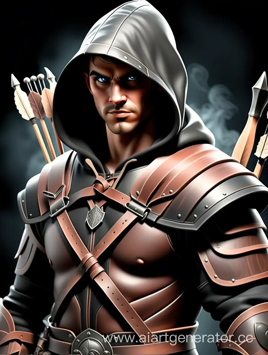 Mysterious-Male-Archer-in-Leather-Armor-with-Bow-on-a-Dark-Hazy-Background