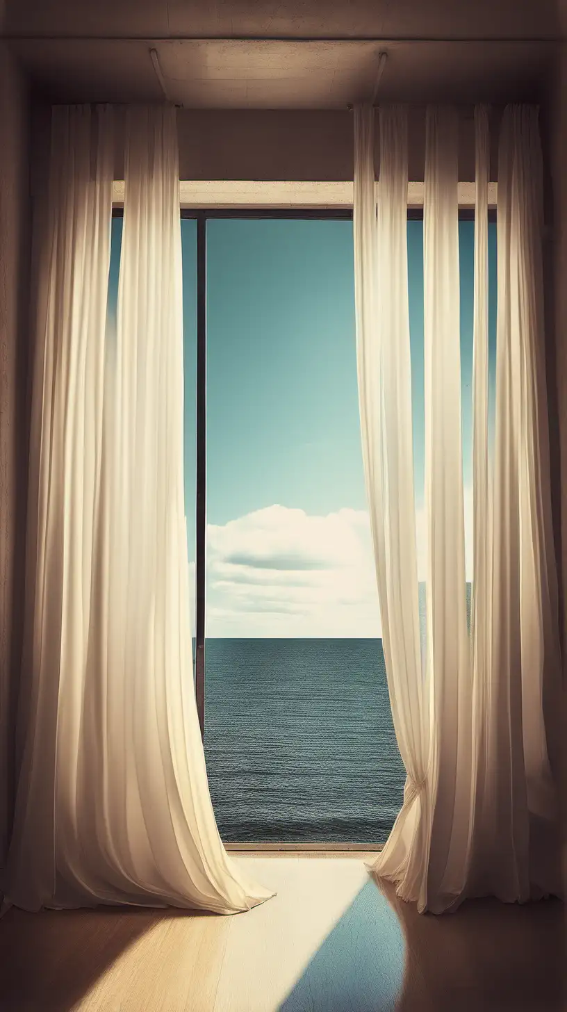 Surreal Landscape with Opened Curtains Vivid Skies and Serene Horizon