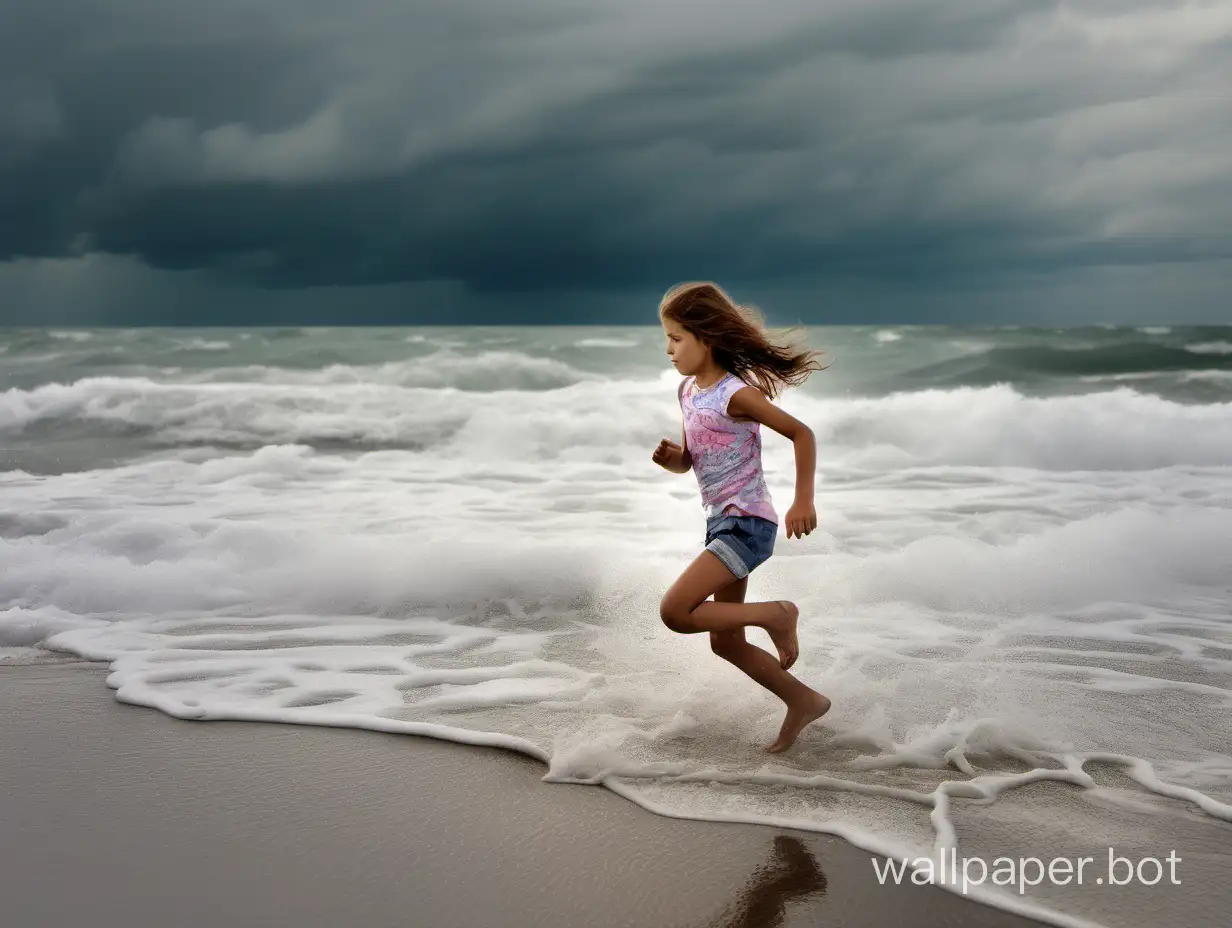 A 12-year-old girl in thongs runs along the shore of the foamy sea under the cloudy sky.