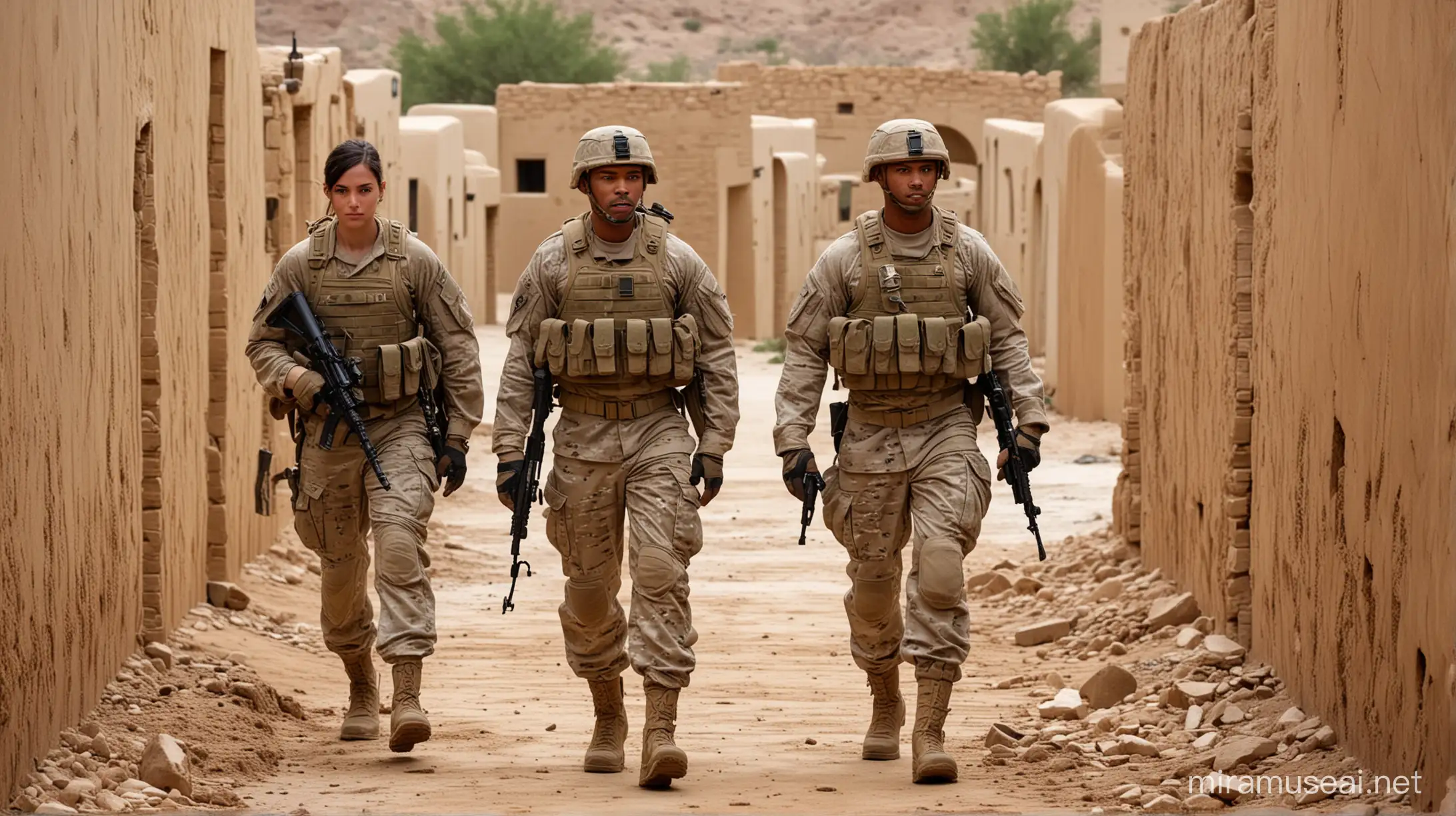 30 year old white American soldier wearing multicam, carrying a carbine, walking ahead of one black soldier, one Hispanic soldier and a white female soldier, surrounded by mud brick walls in the middle east