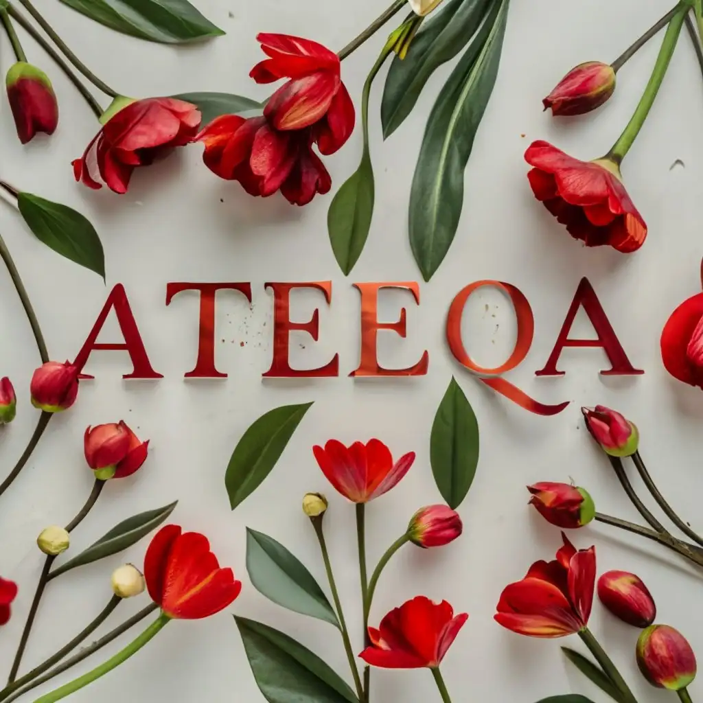 logo, The word Ateeqa is written by red real flowers, with the text "Ateeqa", typography