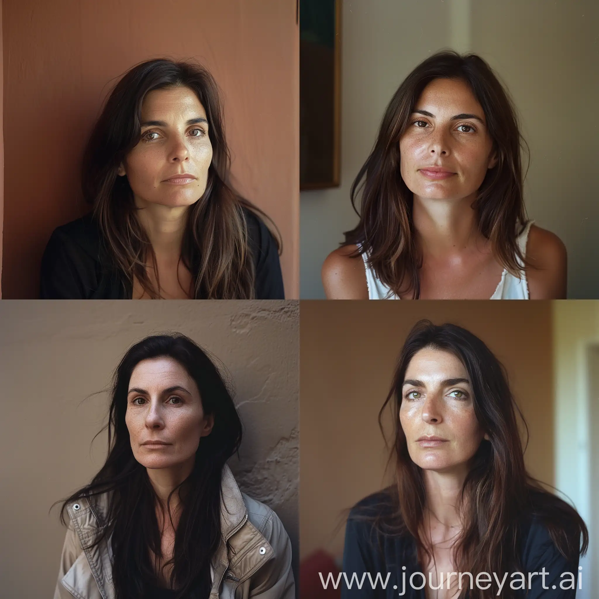 Intimate photographic portrait of an attractive 40 years old Italian woman, in front of a flat brownish wall, peaceful and confident expression, deep and captivating eyes, looking at camera, eye contact, summer gentle light, cinematic style, shot with Fujicolor Pro 400H::3 by Chantal Joffe ::3  --style raw

