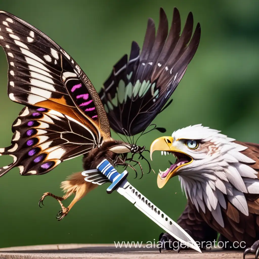 a mutant butterfly with a knife attacked an eagle