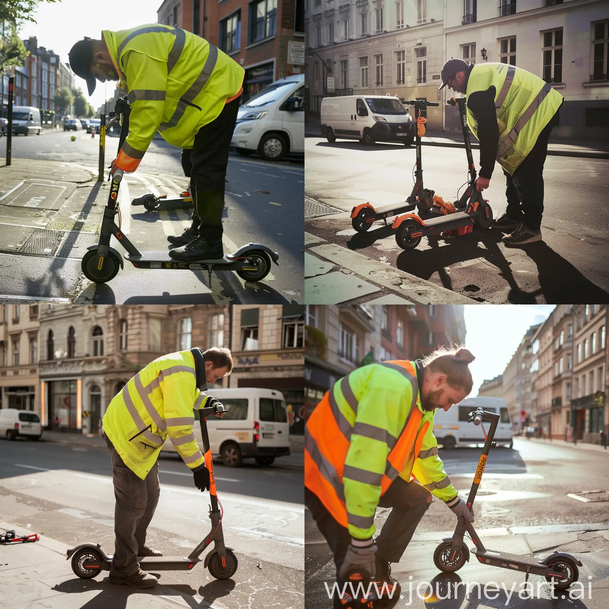 Urban-Worker-in-HighVisibility-Jacket-Inspecting-Kickscooter-on-Sunny-City-Street