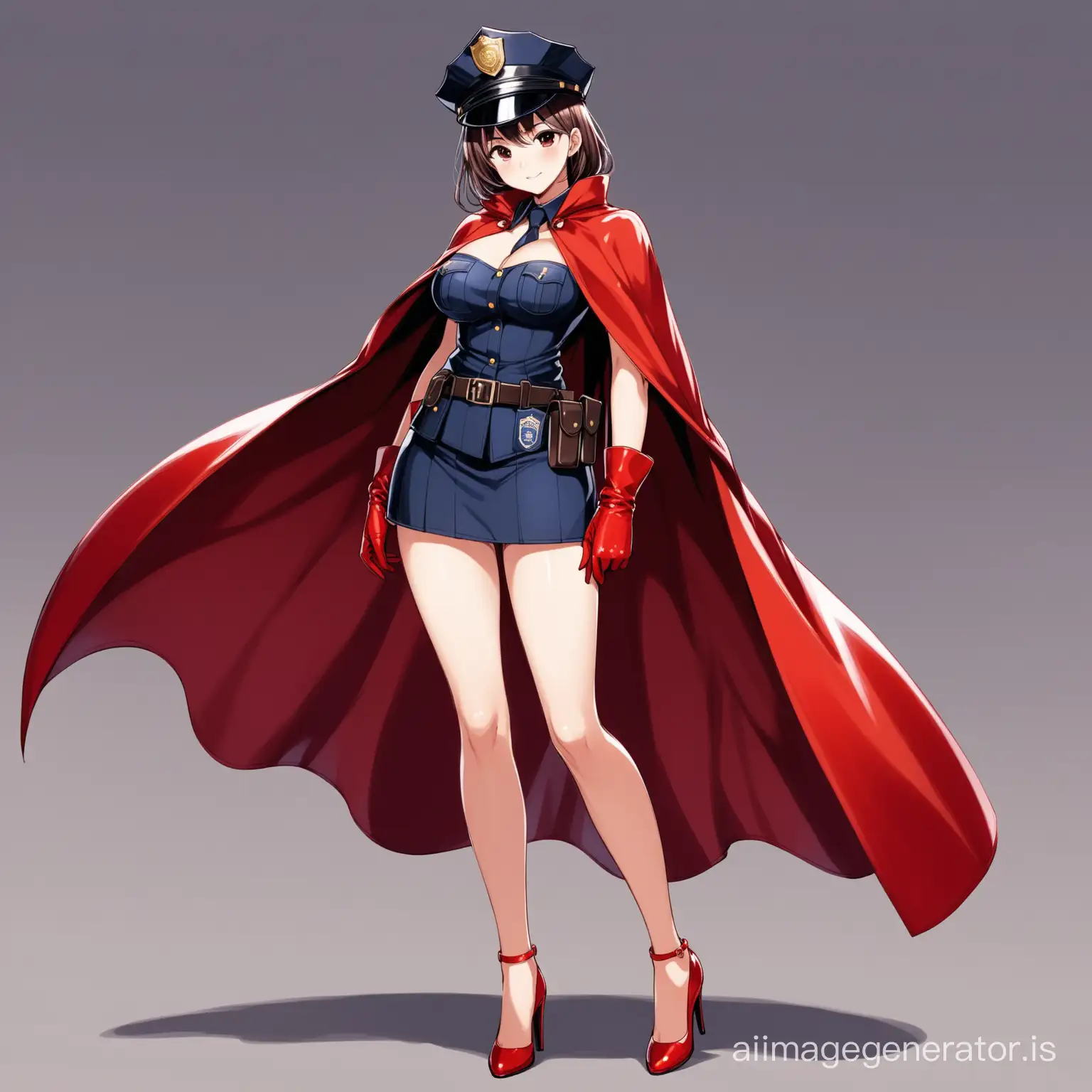 hot anime girl in a cute and attractive dress wearing a cape and a police hat along with tall heels and a pair of red leather gloves