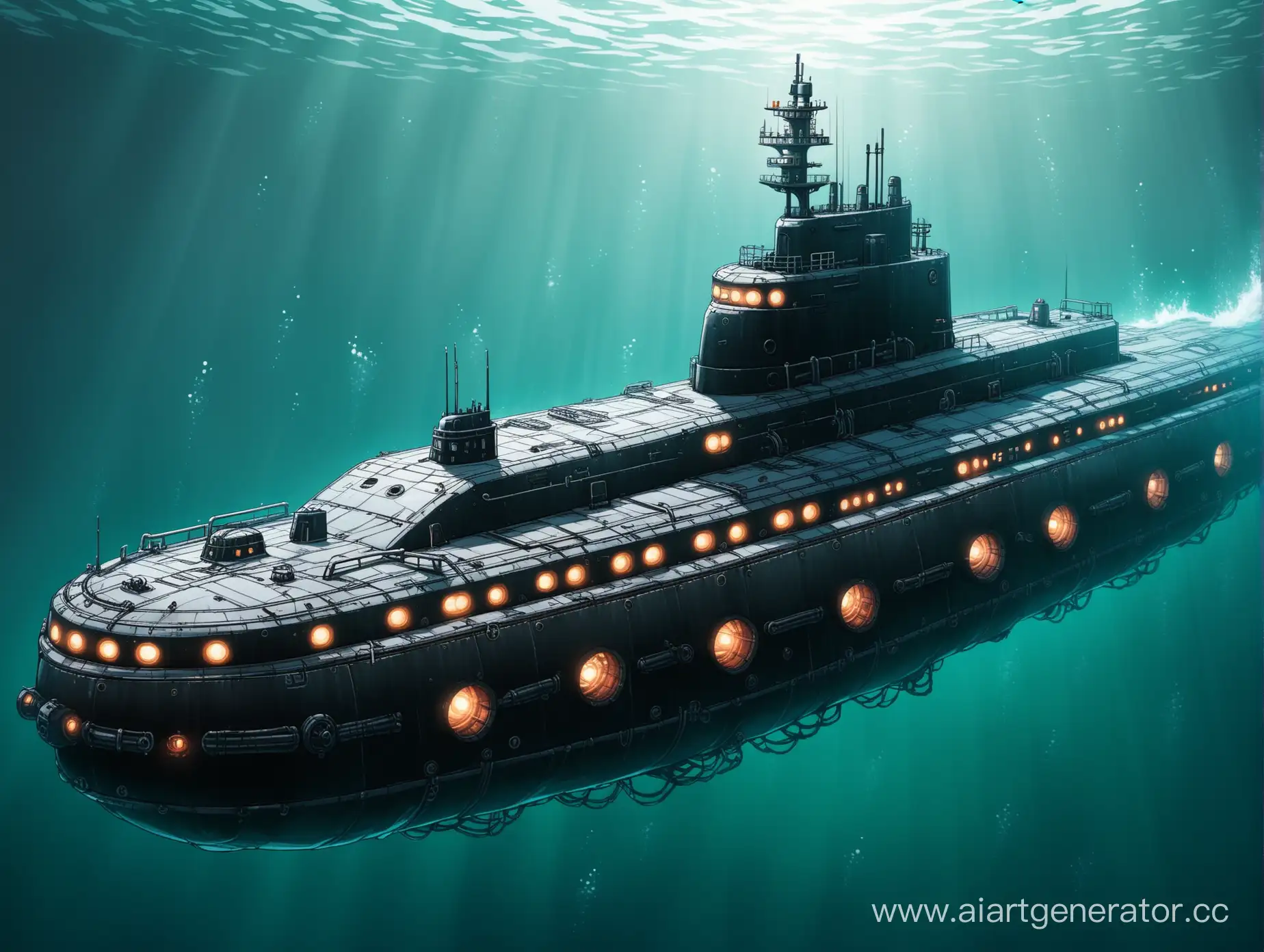 подводная лодка необычной формы в стиле игры "Barotrauma"