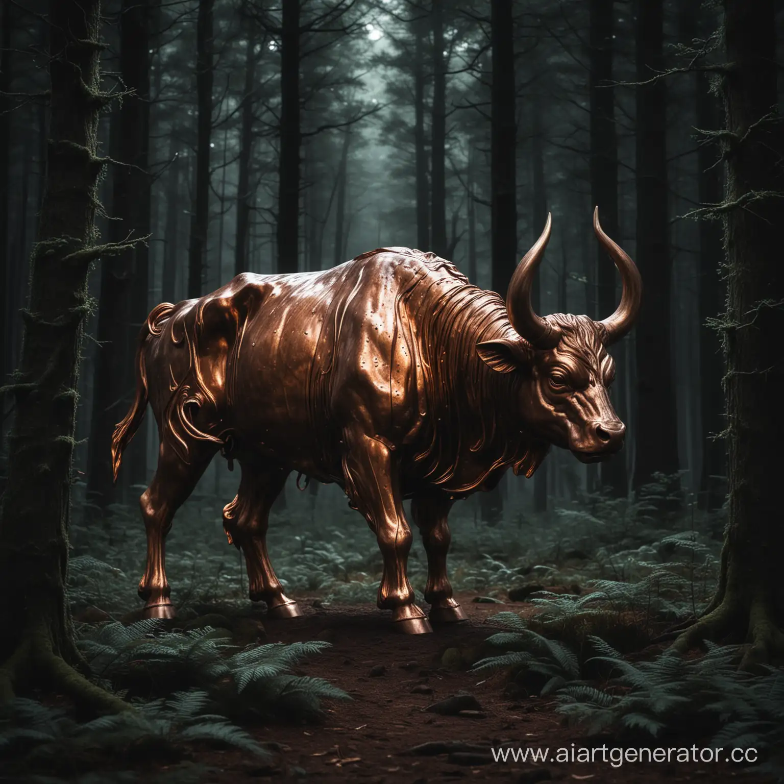 Majestic-Copper-Bull-Roaming-Through-Enchanted-Forest