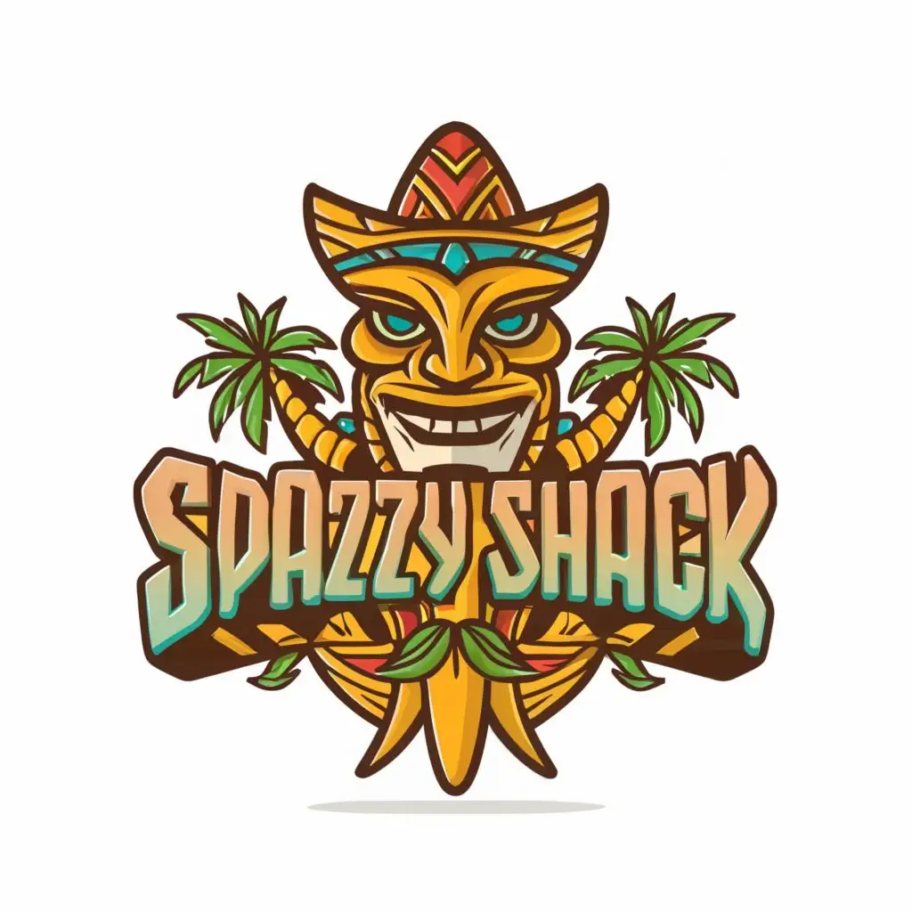 logo, , Inspired vector logo Tiki style that highlight the richness of the islands and everything they have to, , offer. bright and detailed image , white only background, with the text "SpazzyShack", typography