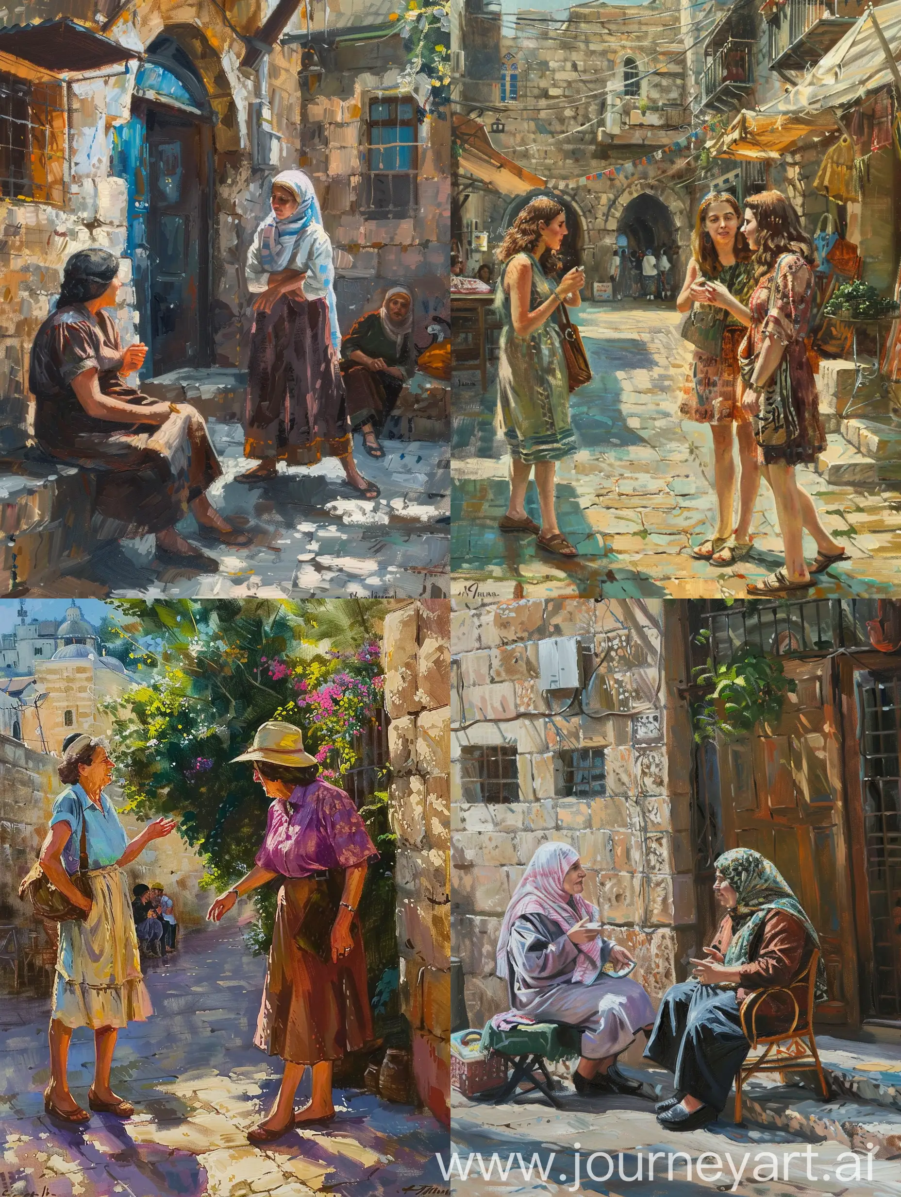 Israeli women chatting in Old Jerusalem, oil on canvas