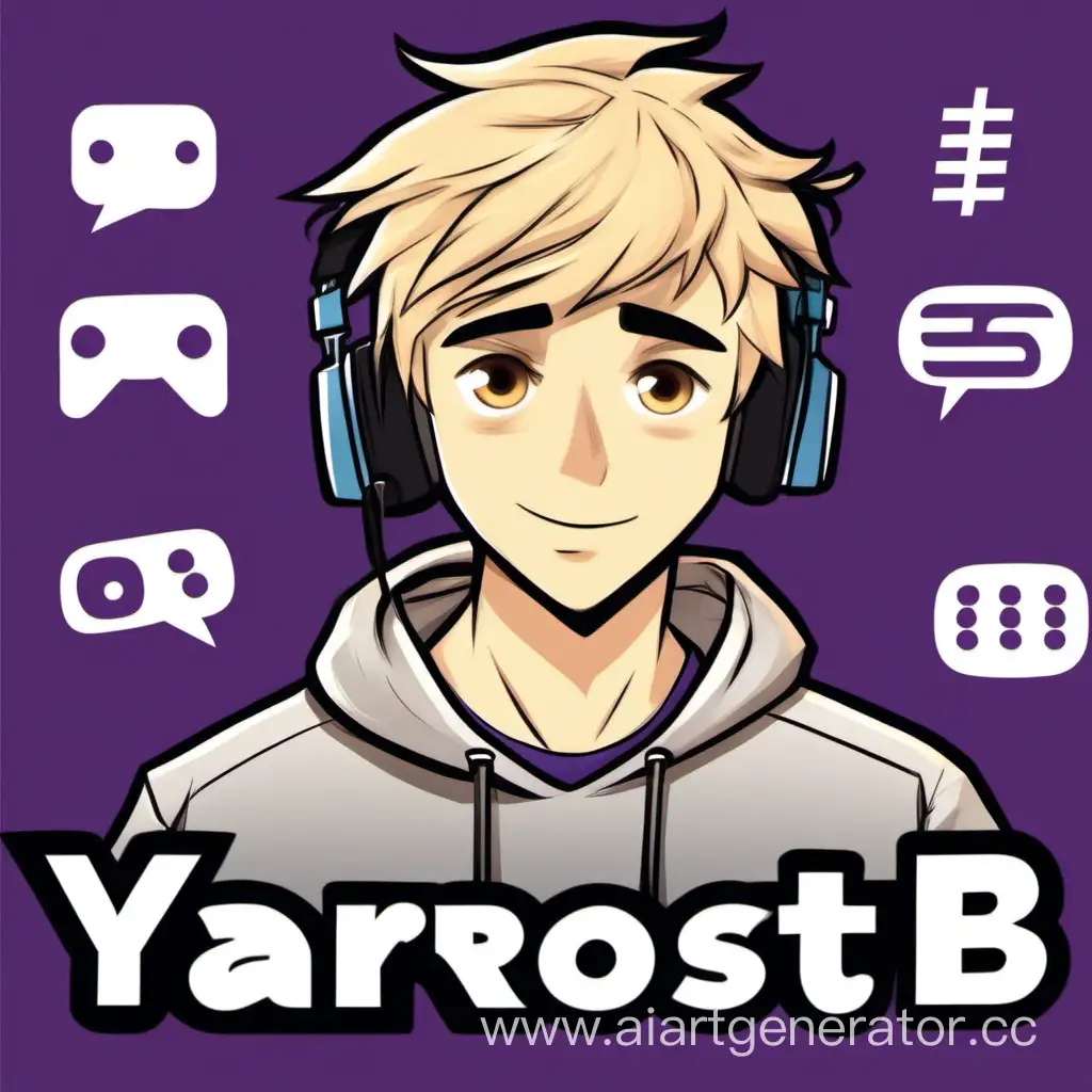 Молодой светловолосый Twitch стример парень ведет стрим. Написать текст «Yarostb» на картинке