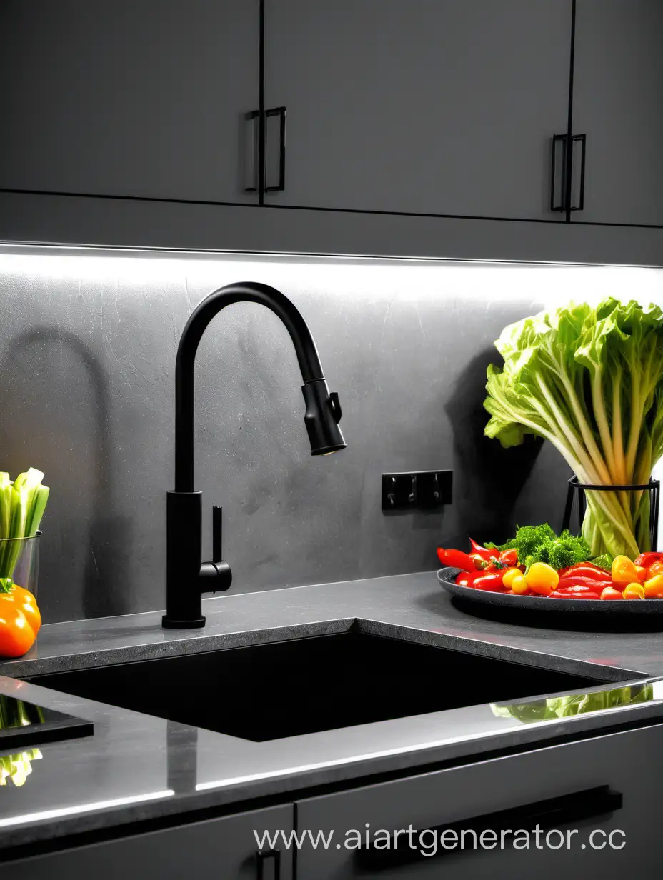 Modern-Gray-Kitchen-with-Illuminated-Upper-Cabinets-and-Black-Sink