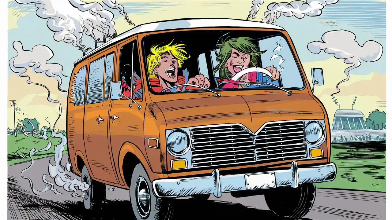 comic book art, 2 stoner teens driving a brown 1970s van, smoke pouring out the windows from weed smoke, music blasting on the radio, faded color, halftone ink, driving fast, rock concert ampetheater in the distance
