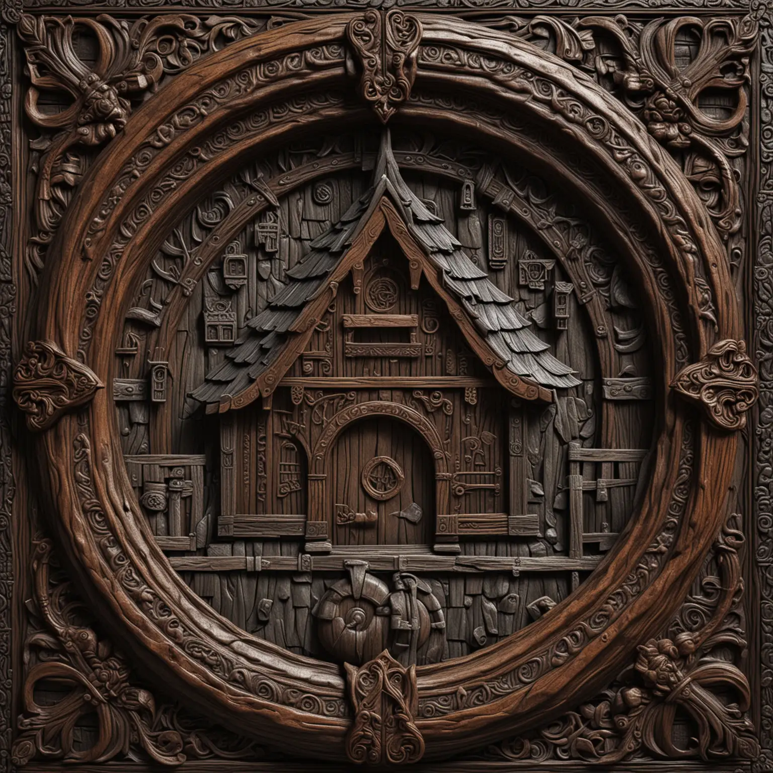 Intricately-Carved-Viking-House-Theme-Wooden-Panel-with-Ornate-Frame