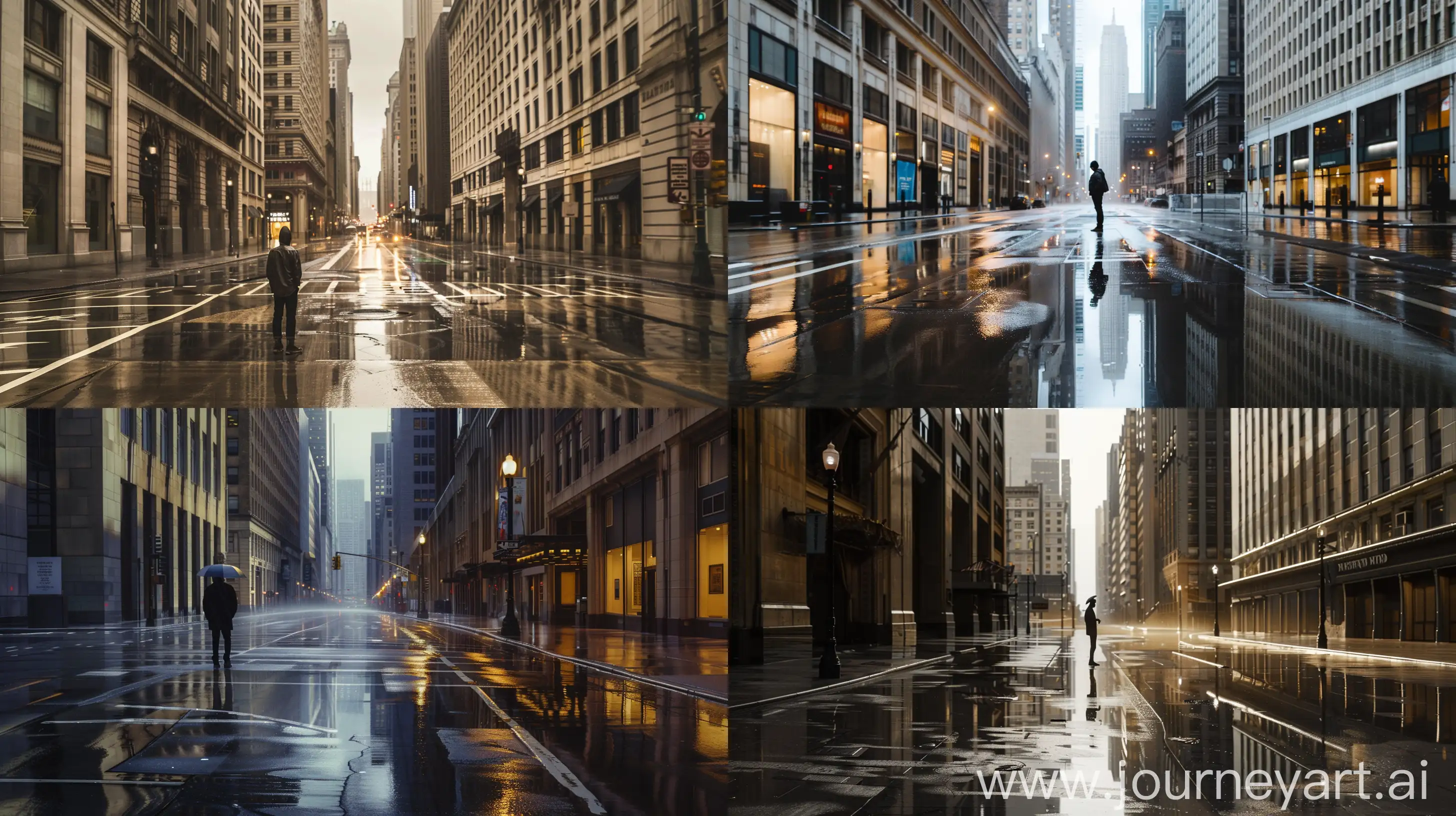 "An early morning scene capturing a solitary figure standing on a rain-slicked street in a sprawling metropolis, surrounded by the imposing architecture yet isolated in thought. The reflective surfaces and muted city sounds underscore the intimate moment of solitude amidst urban chaos. --ar 16:9 --s 0 --v 6.0 --style raw"