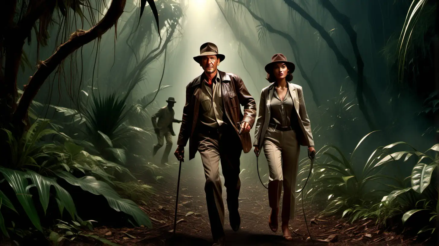 Indiana Jones, the archaeologist with the hat and his famous whip, and his pretty companion, full body shot are pursued through the Bolivian jungle by ruthless gangsters and extraterrestrial beings as they hunt for the crystal skull, concept art, elegant, intricate, highly detailed, 8k hd, sharp, smooth rendering, high quality, ultra realistic, ultra realistic lighting, Salvador Dali inspired.