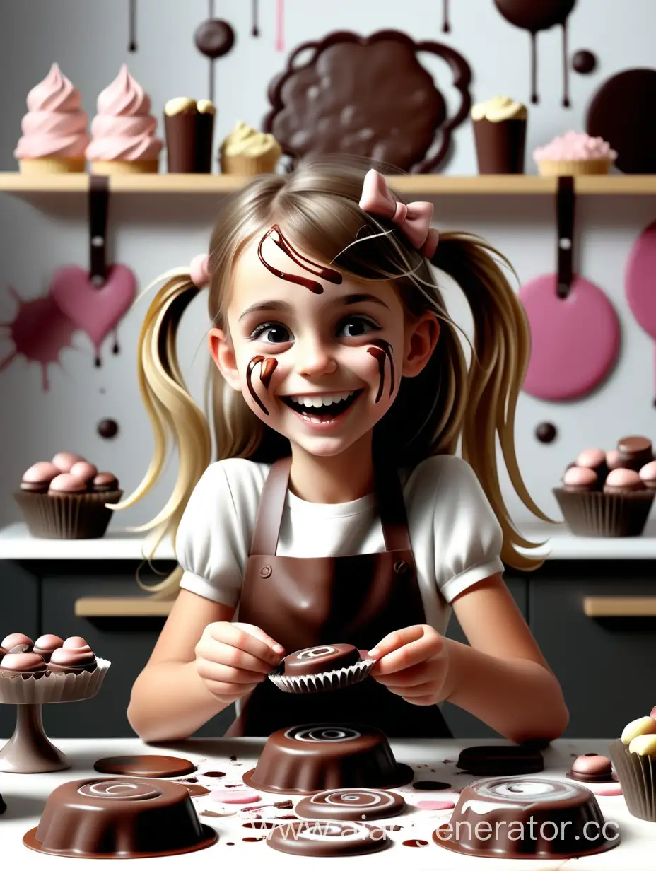 فتاة  سعيدة بتزين الحلويات متسخ بالشوكولاته 