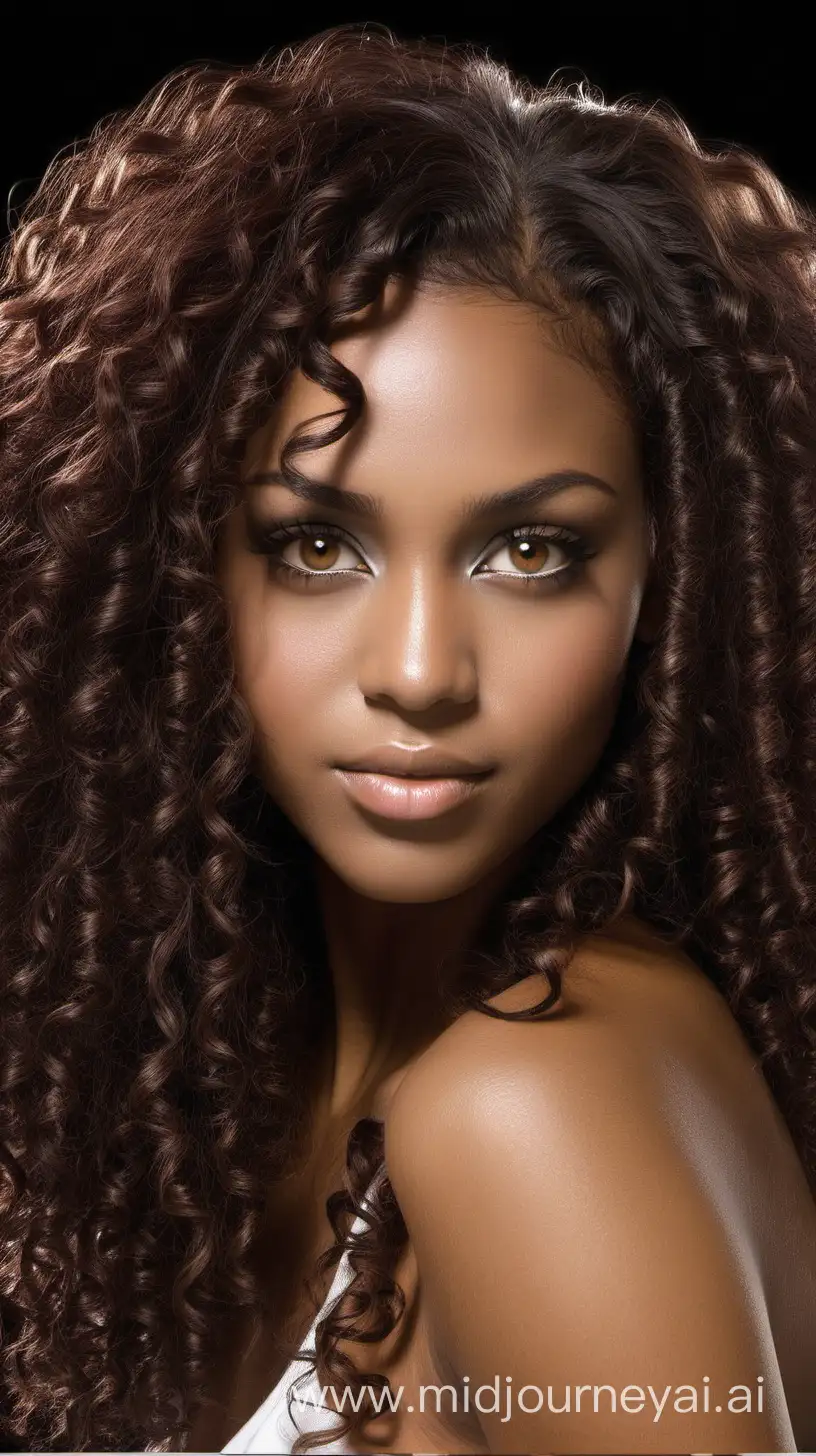 African and Latina Woman with Long Dark Curly Hair and Light Hazel Eyes