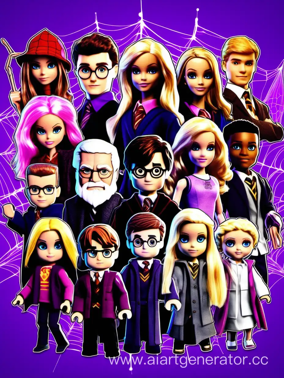 на ярком фиолетовом фоне изображены по краям картинки Барби, Кен, Гарри Поттер, Дамблдор, Стив из Minecraft,  Гермиона, Добби, Человек Паук, центр пустой и залит фоновым цветом