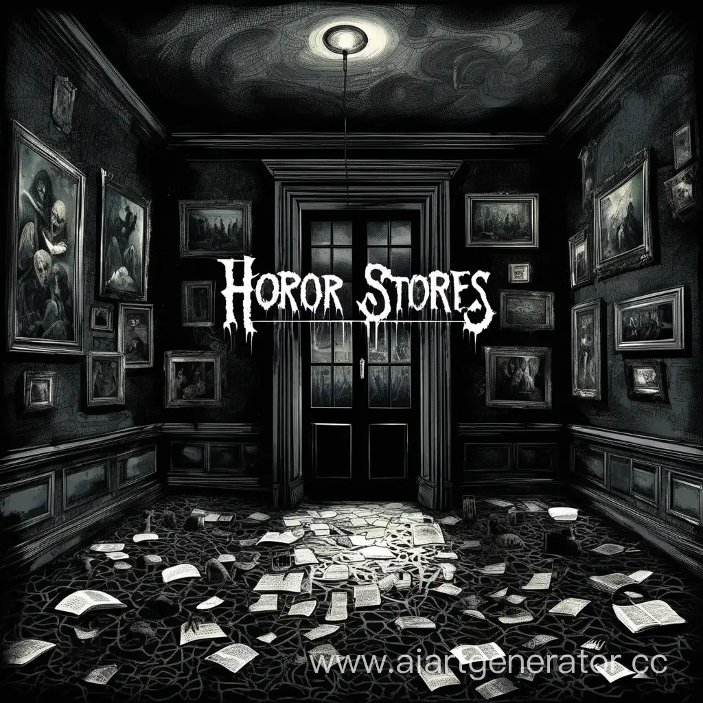 Мрачная, тёмная, богатая комната с надписью а о середине «Страшные истории»