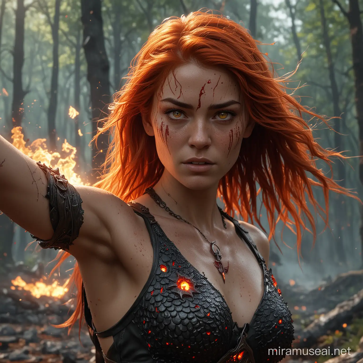 hyperrealistic very high detail 4k full size image taken from the front left, showing a female human with long fiery red hair thin red eyebrows, burning red eyes and face full of freckles, with draconic symbols carved into arms and body, sleeveless open front top made of dragon scales, fighting in a bloody battle in a forest throwing bolts of lightning from her hands