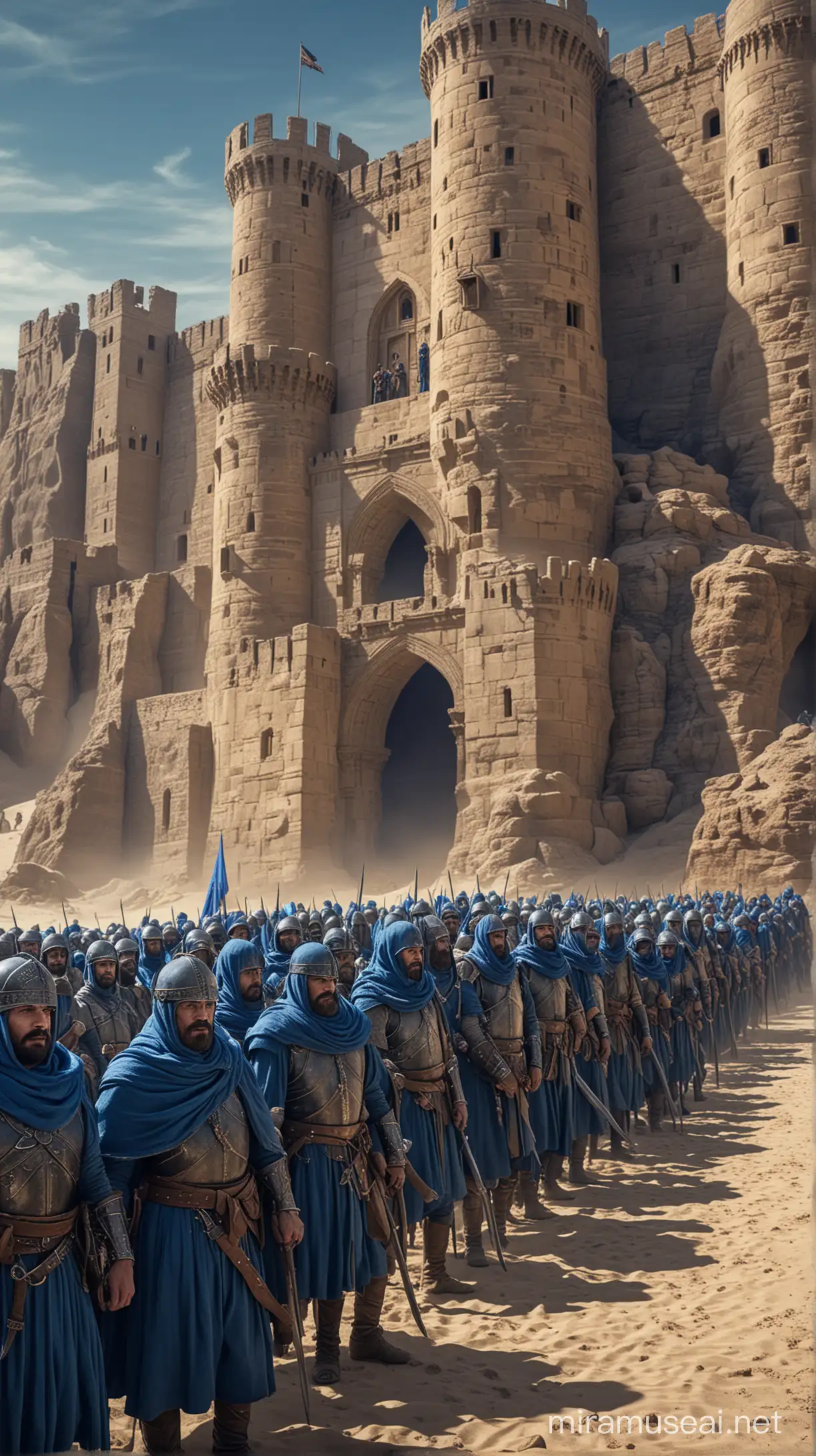 Medieval Warriors in Blue Battle Attire at Desert Castle