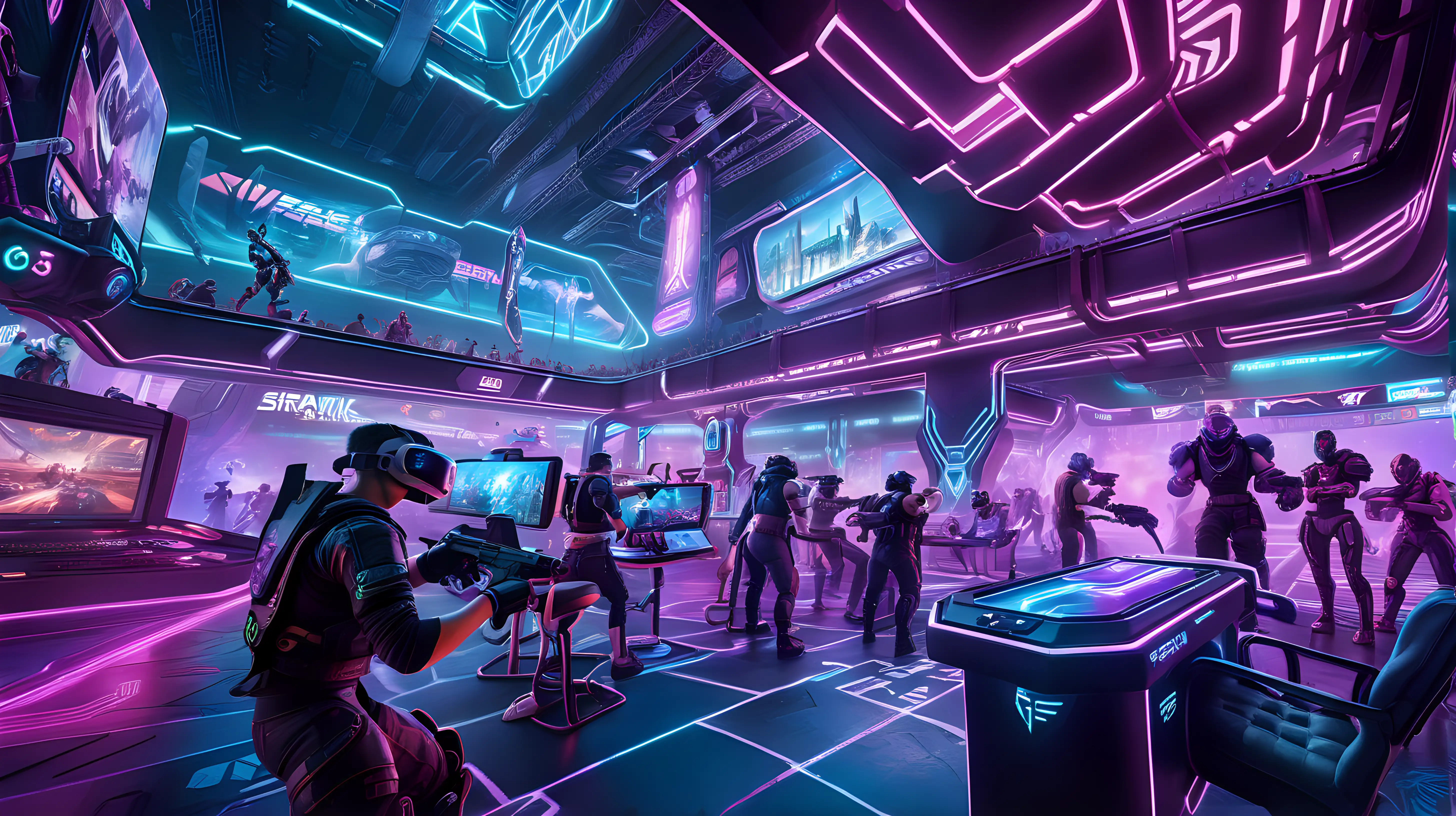 "Illustrate a virtual reality gaming tournament where players engage in an epic battle within a cyberpunk-inspired arena, surrounded by neon lights and futuristic architecture."
