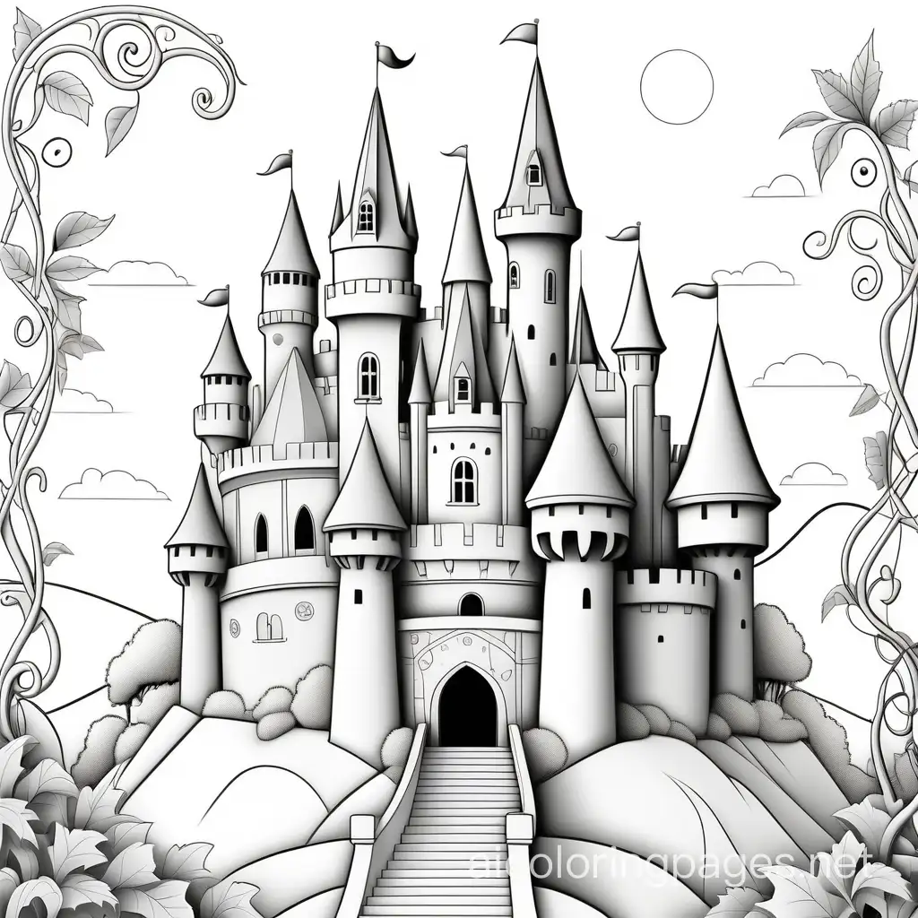 Enchanting-Castle-Coloring-Page-for-Kids-Regal-Castle-with-Vines-on-Hilltop
