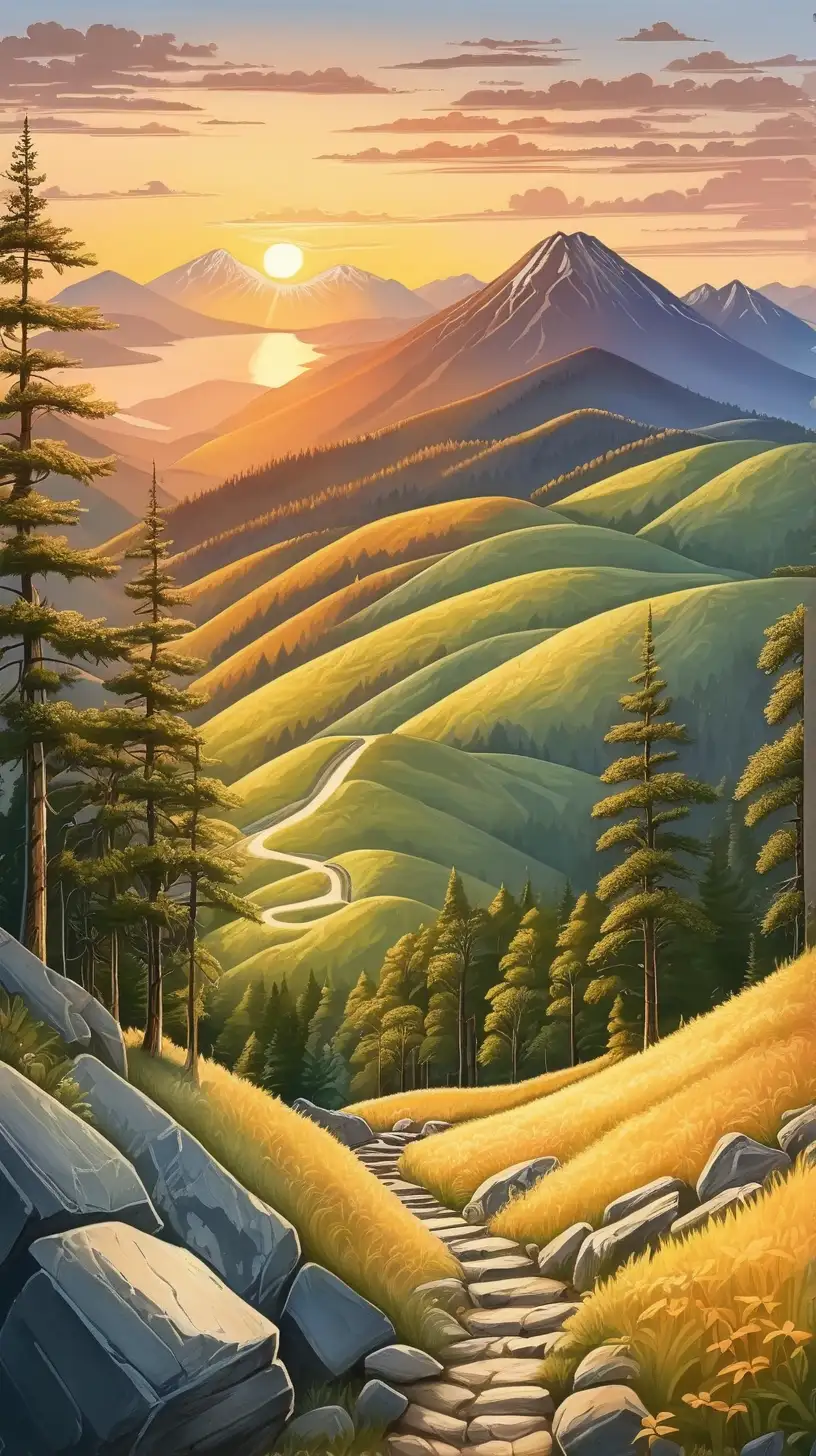 Głównym motywem górski pejzaż składający się z lasu, krętego szlak turystyczny, zachód słońca 
