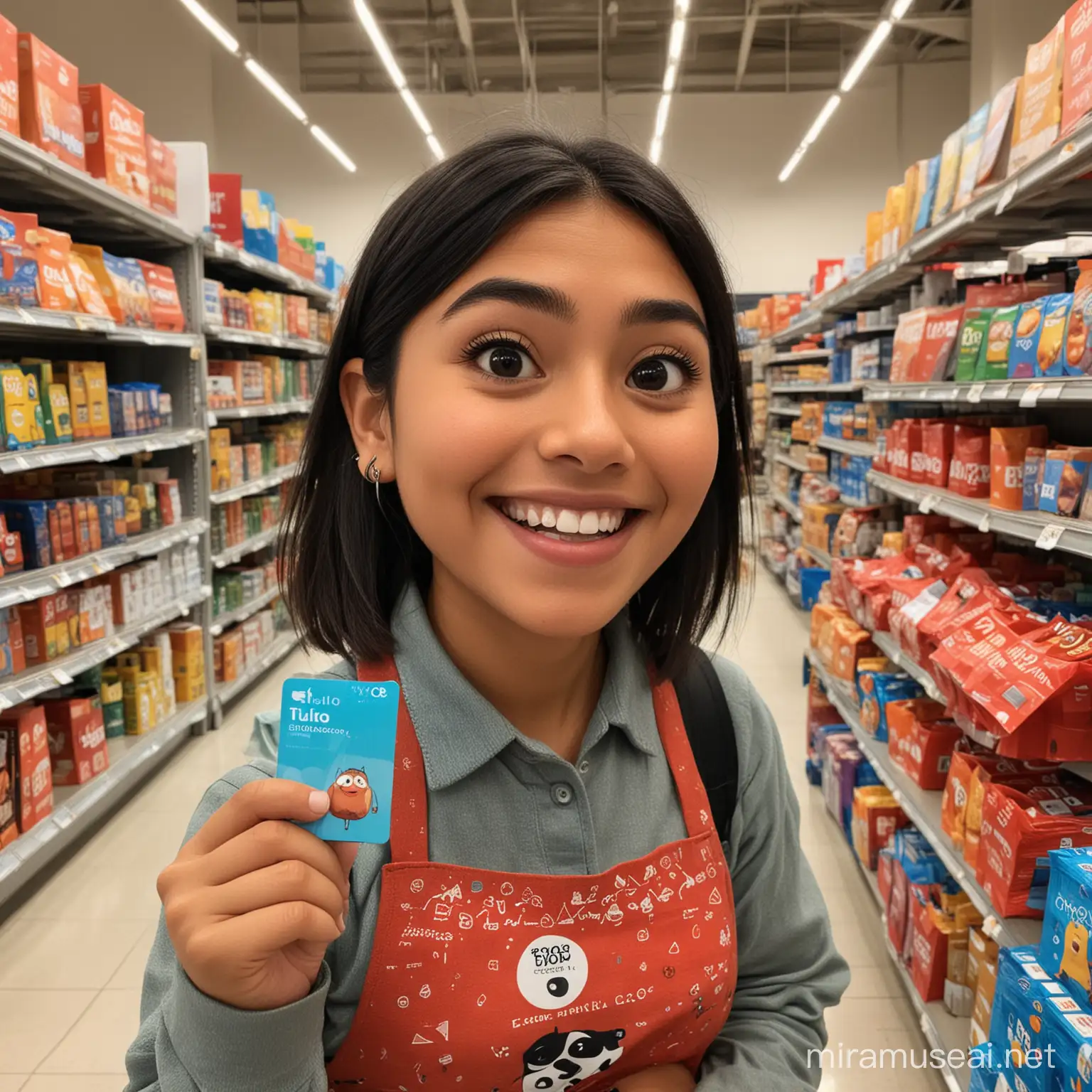 persona tipo pixar utilizando su tarjeta digital de lealtad al pagar en 
un supermercado de ingreso alto en el norte de méxico, específicamente en tijauan baja california, se le mira feliz y sabe usar muy bien la tecnología
