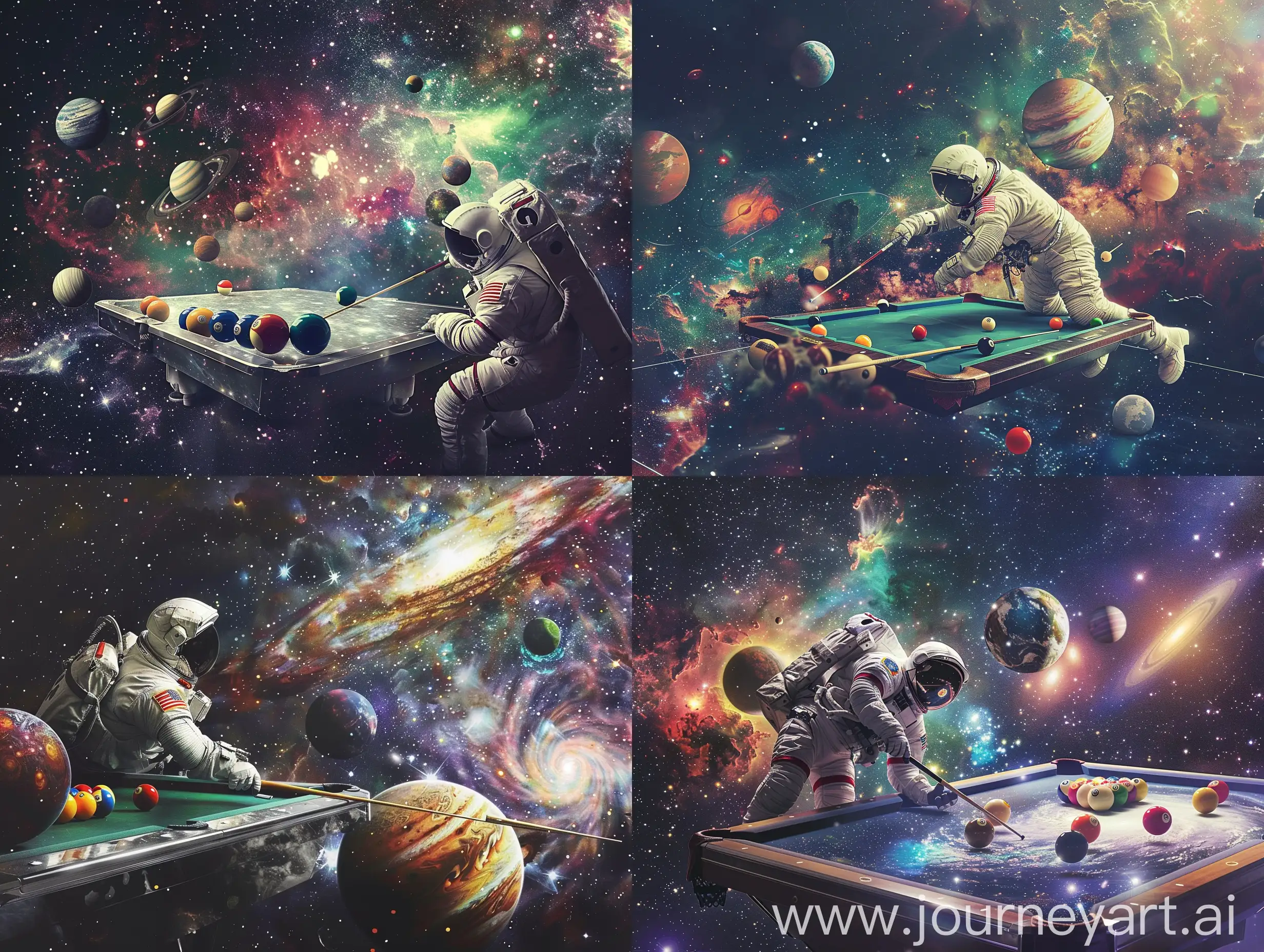 The background is a dark, starry space scene with colorful nebulae scattered throughout. In the foreground, an astronaut in a spacesuit is positioned as if leaning over a billiard table. The billiard table floats weightlessly in space, its surface resembling a starry galaxy. Instead of traditional billiard balls, the planets of the solar system are arranged on the table, each representing a different ball. The astronaut holds a cue stick and is aiming at one of the planetary balls, while the others orbit around in a mesmerizing dance. The scene is both surreal and captivating, blending the concepts of space exploration and leisurely recreation.]