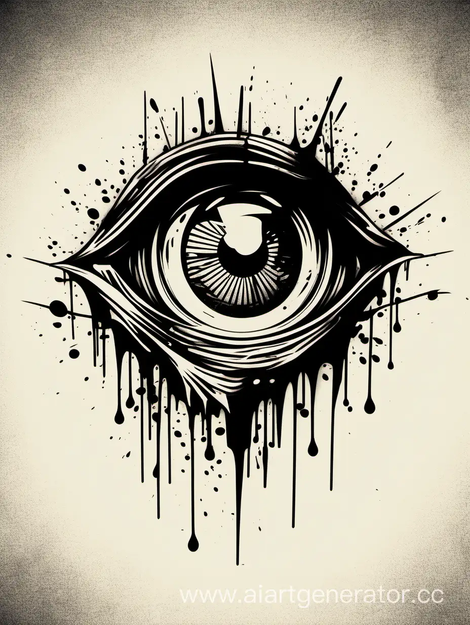 trash, horror, tattoo, ink splashes, sharp edges, round top, abstraction, eye, vector, minimalism