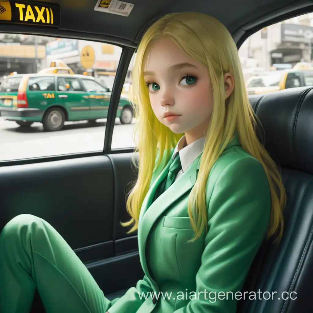 девушка блондинка в зеленом костюме сидит на заднем сидении в такси