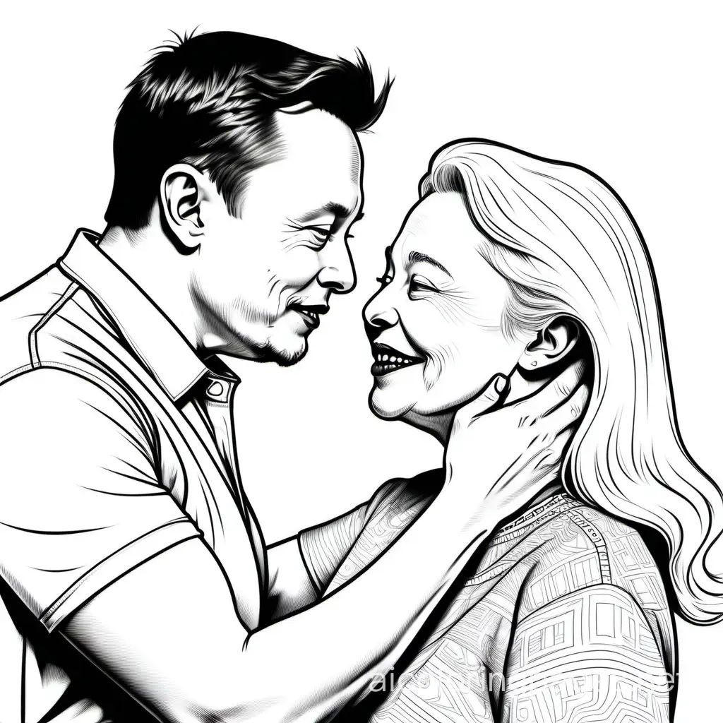 Elon.musk with 45 years old woman.  They're slow dancing.  He whispering in her ear.  He likes her very much and finding her very beautiful , Coloring Page, black and white, line art, white background, Simplicity, Ample White Space. The background of the coloring page is plain white to make it easy for young children to color within the lines. The outlines of all the subjects are easy to distinguish, making it simple for kids to color without too much difficulty