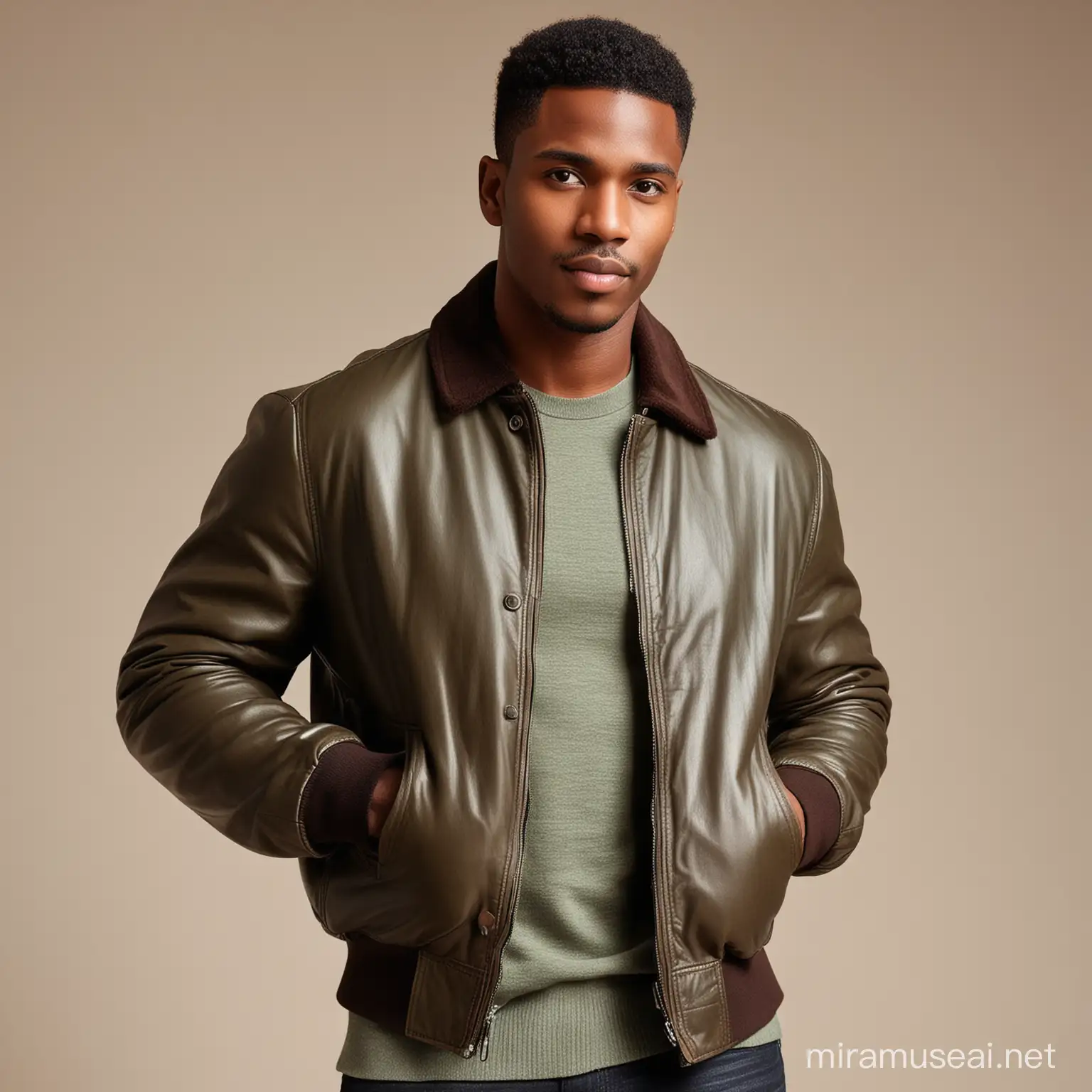 Stylish Black Man in Brown and Green Leather Bomber Jacket