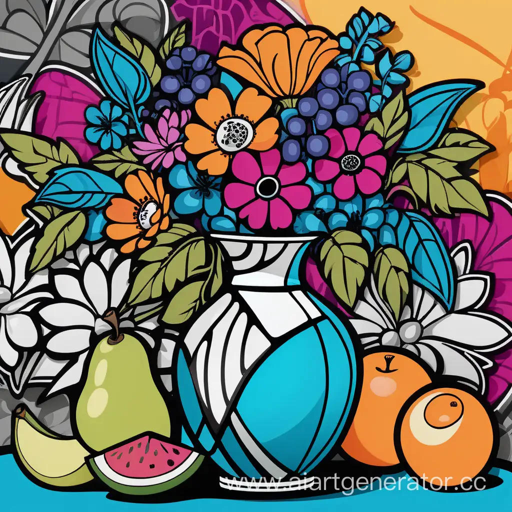 Стилизованный натюрморт с плоской вазой внутри цветы и тканью на заднем фоне фруктами в стиле цветной граффити с черной обводкой контура