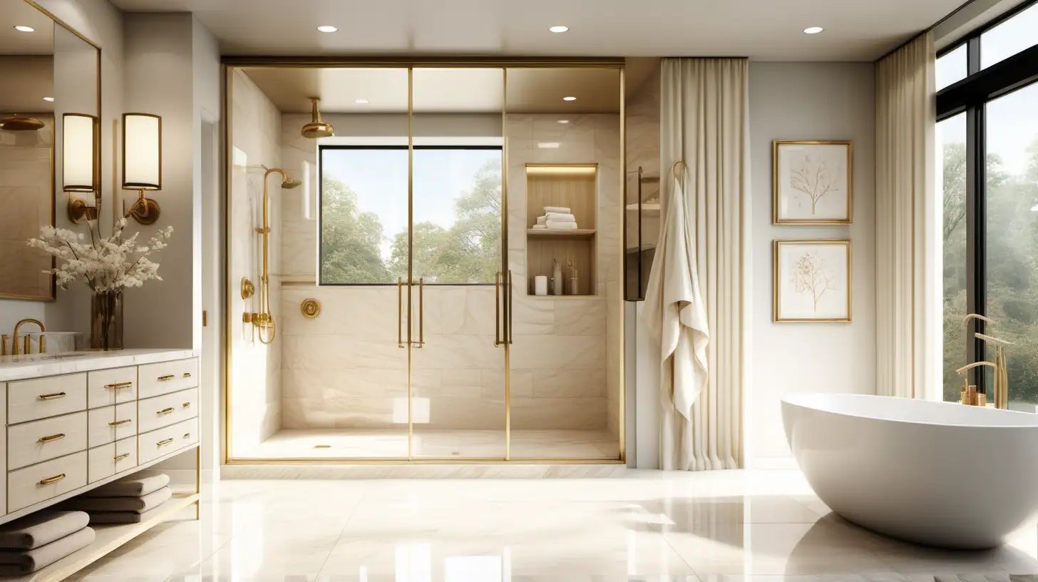 Grand Modern Organic Hausmann master bathroom; large glass alcove shower; ivory, beige, blonde oak;  brass accents; realistic 8K; floor to ceiling window with curtains;