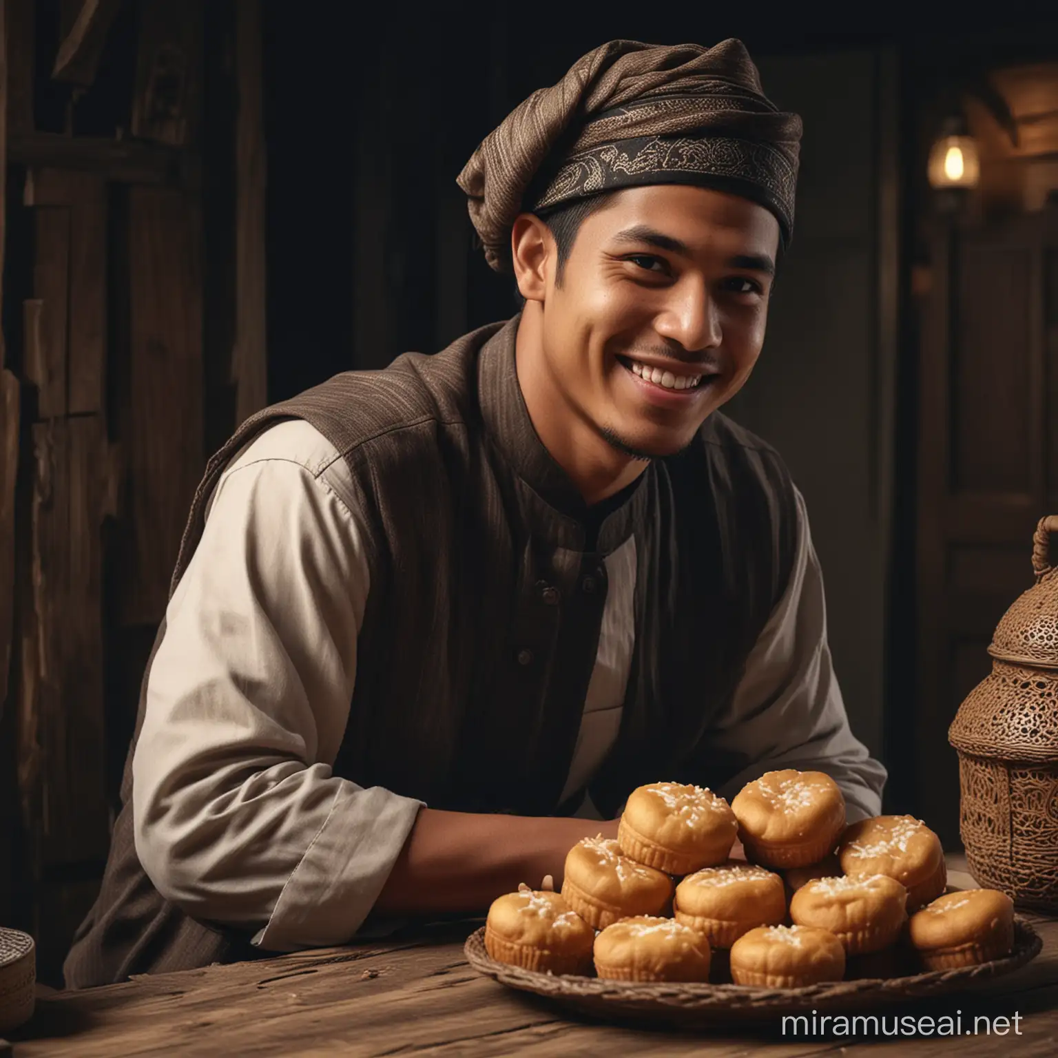 Indonesian Man with Nastar Cakes in Traditional Eid Setting