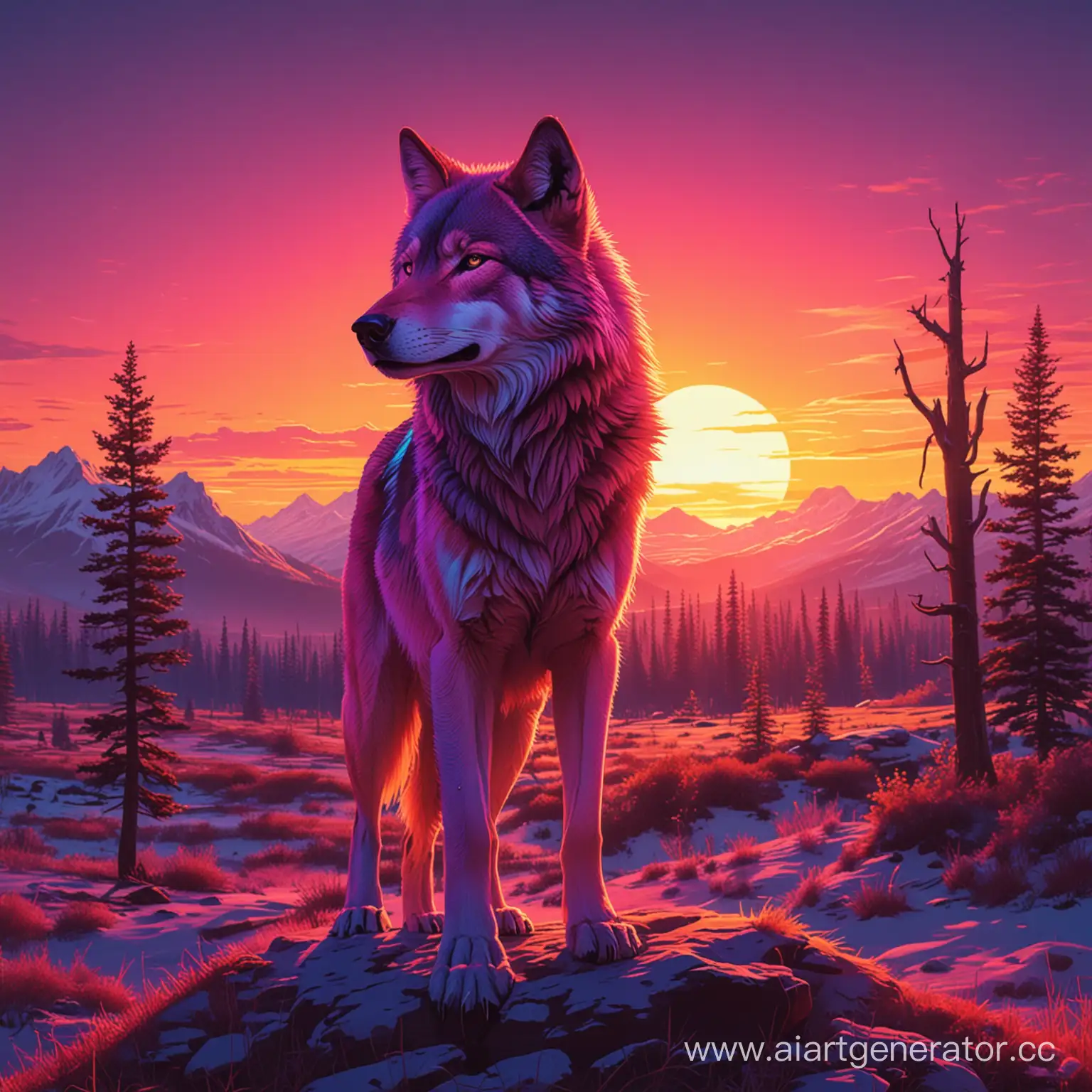 волк неоновый в закате
