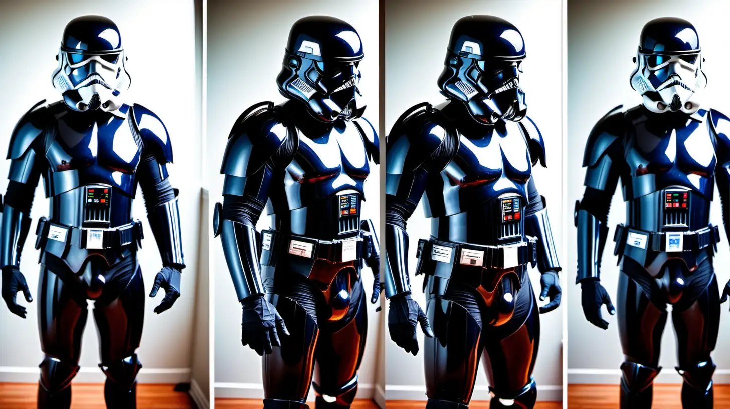 a  muscular handsome man  trying on some black Stormtrooper armor, workshop, captured by Handheld camera, ; image split into 4, shot from different angle, bright colours --style raw