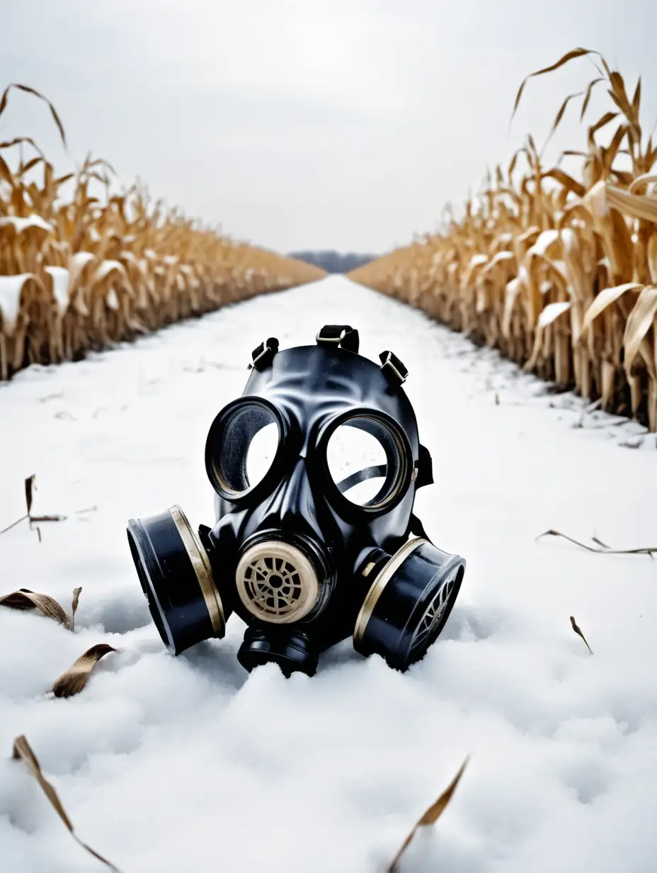 broken modern black gas mask laying in the snow in a dead cornfield