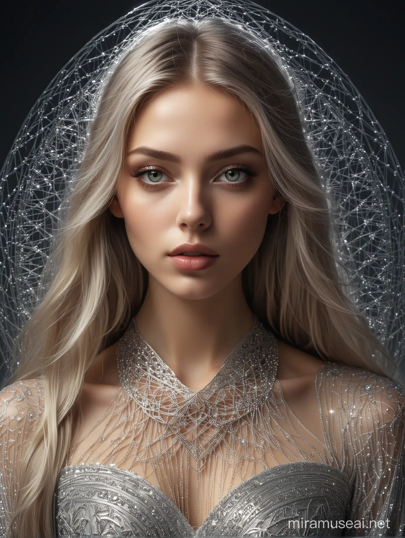 flawless masterpiece, lovely symmetrical portrait of a beautiful slender young goddess, large multilayered deep expressive sparkling shining brilliant silver eyes, full lips, perfect beauty, flowing hair, beautiful flowing gown, perfect symmetrical portrait, sacred geometry, perfect composition, soft light