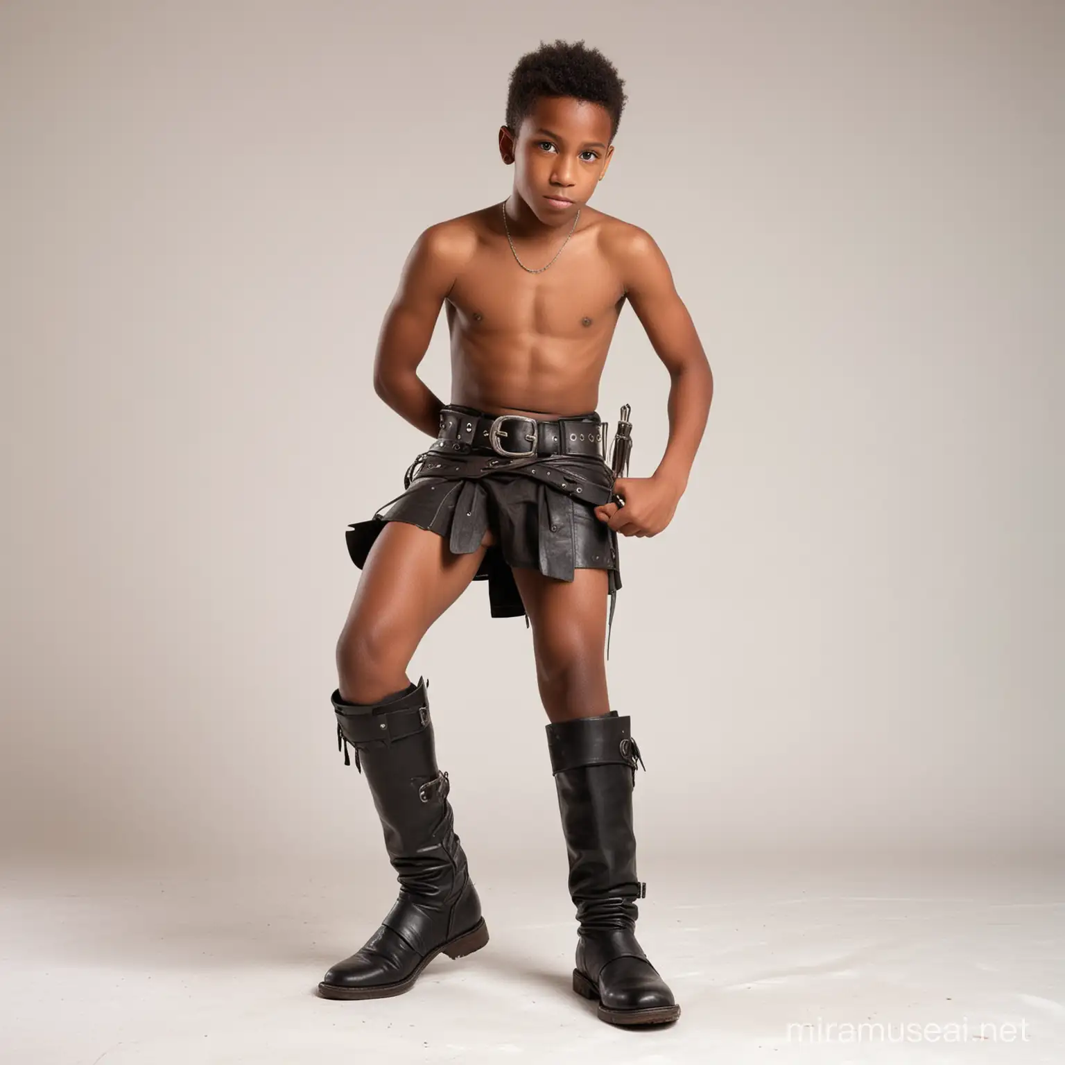A very young black shirtless teenage boy warrior, wearing a very short loincloth with a big leather belt and boots, seen from behind crouching, white background.