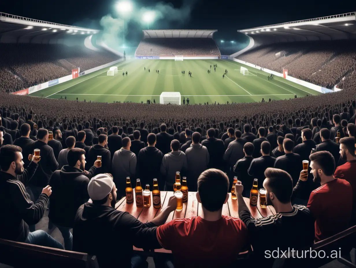 realistic photo of soccer ultras with beer in small stadium