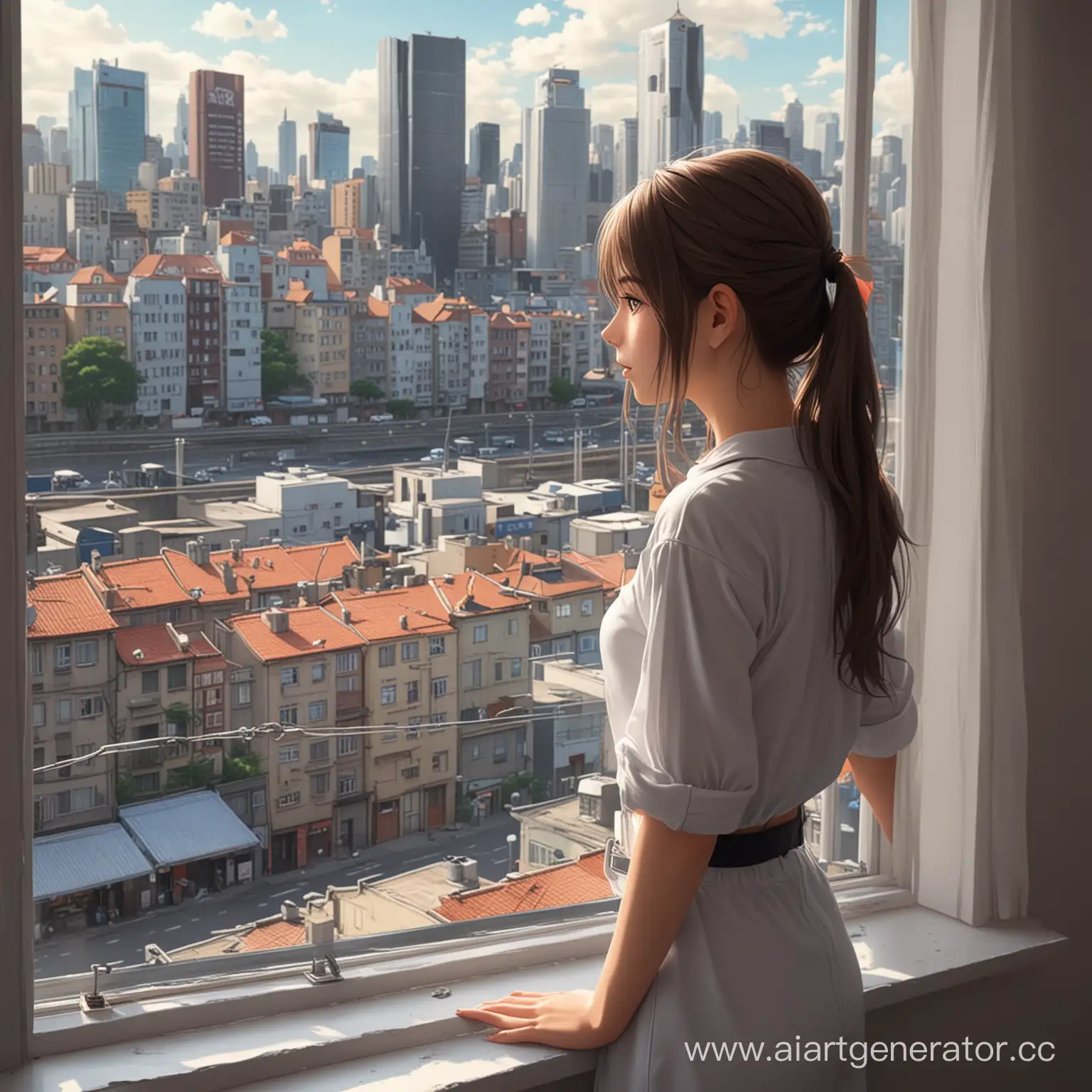 аниме-девушка смотрит в окно на фото-реалистичный город