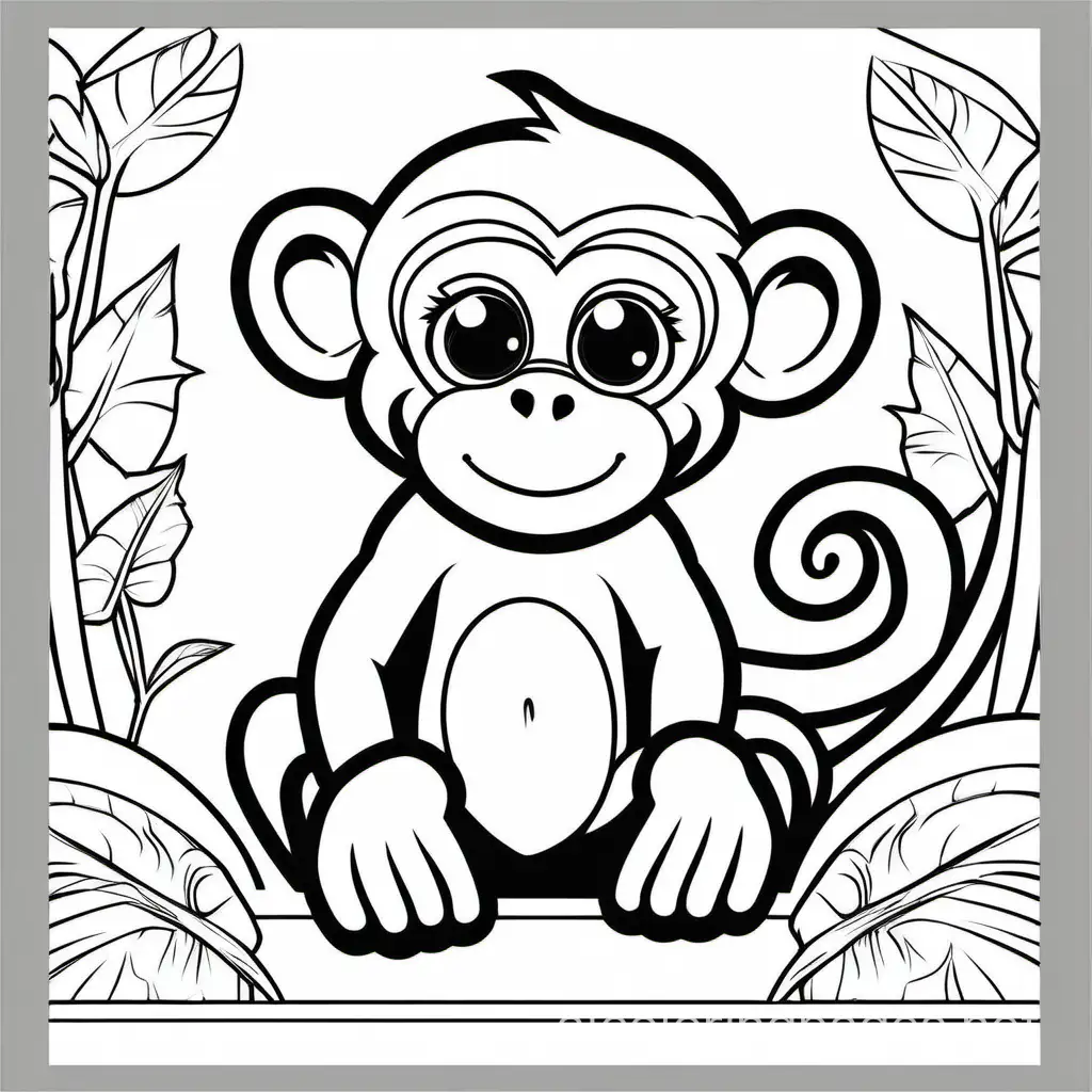 cute monkey, Coloring Page, black and white, line art, white background, Simplicity, Ample White Space. The background of the coloring page is plain white to make it easy for young children to color within the lines. The outlines of all the subjects are easy to distinguish, making it simple for kids to color without too much difficulty