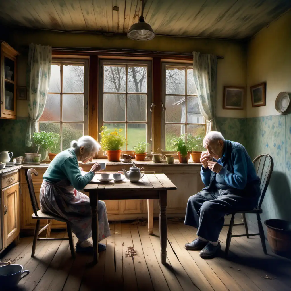 sadness, helplessness. 85-year-old couple, drinking tea at a wooden table in their country kitchen. In the background, through a window which is the source of light, there is a neglected abandoned garden, longing ,loneliness, sadness, and helplessness, watercolor, impressionistic, intricately detailed, color depth, dramatic, 
