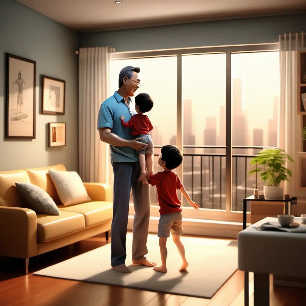 Create a 3D illustrator of an animated image of a average weighed hardworking father dreams of the family enjoying the facilities and comfort of a condominium. Beautiful spirited background illustrations.