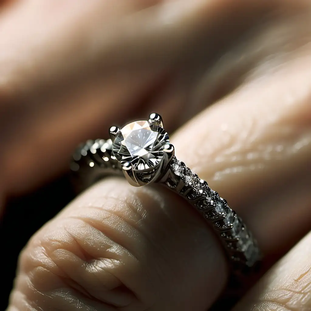 A woman’s hand showcasing a sparkling diamond ring, Close-up details accentuated with a macro lens, revealing the colour nuances --ar 16:9 --style raw --v 6.0