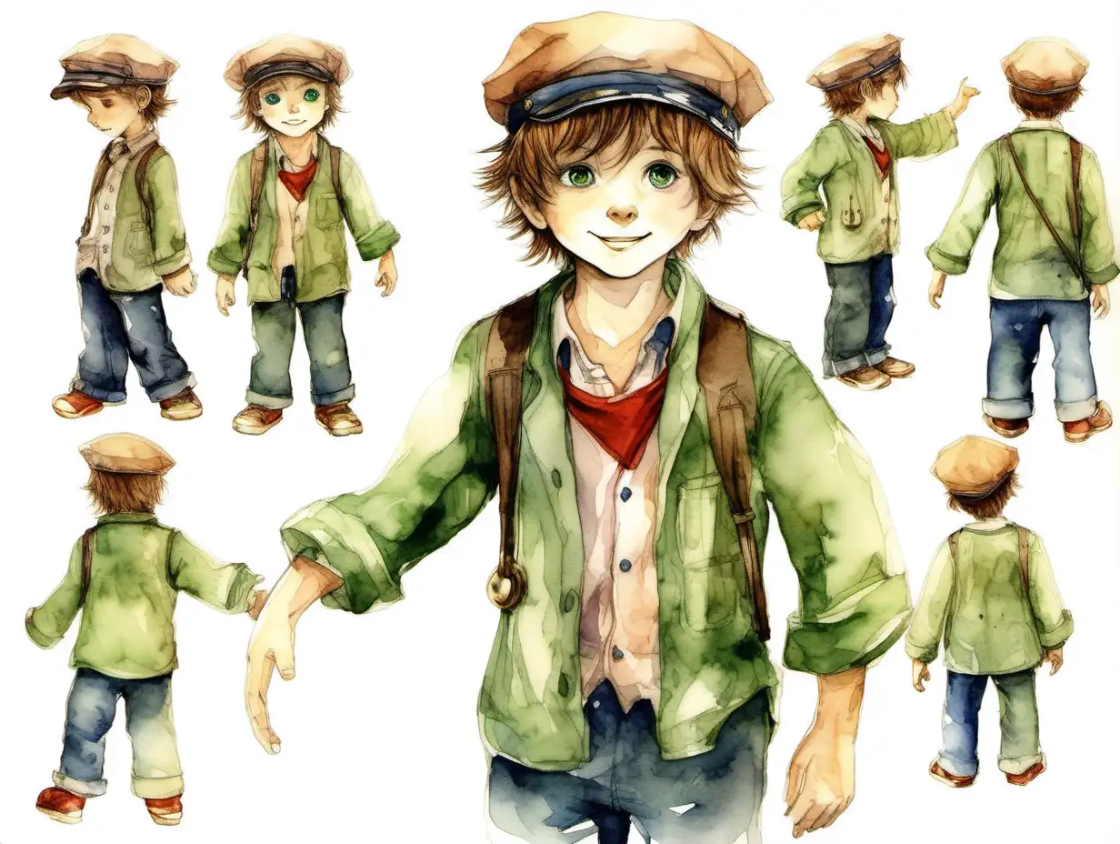 Full size body In watercolor style Timothy is a young boy, around 6-7 years old. Timothy has short, tousled hair that looks a bit unruly, as if he's been playing all day. His hair color is a light brown. His eyes are wide and GREEN Timothy has a look of wonder and excitement on his face, with a broad, innocent smile. Around Timothy's neck is a small, red bandana, like the ones train conductors might wear. On his head, he wears a makeshift conductor's hat, crafted out of paper. he is wearing a pajama with train prints, use watercolor style, full body
